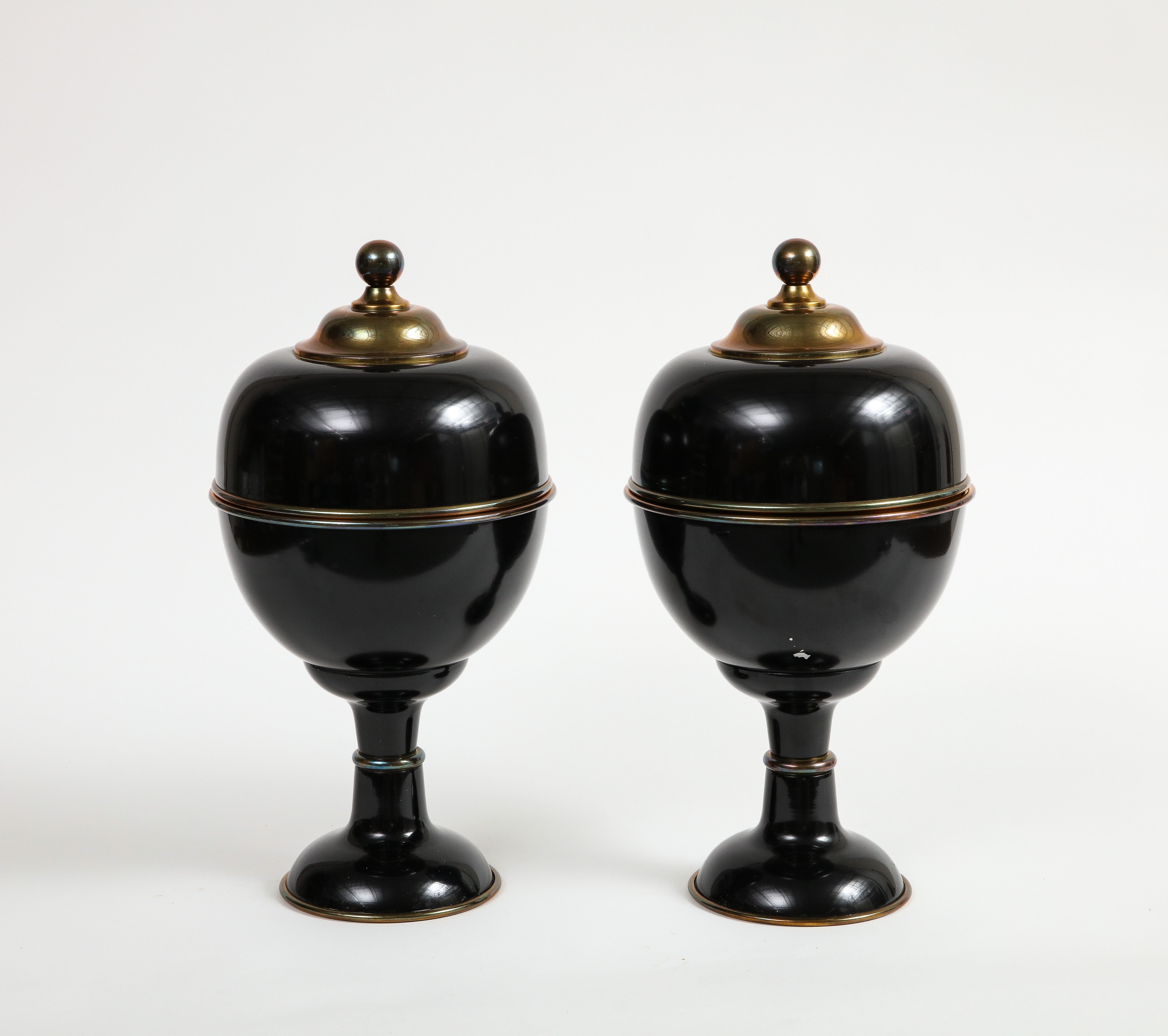 Pair of Large Decorative Black Enamel Urns with Brass Detail For Sale 1