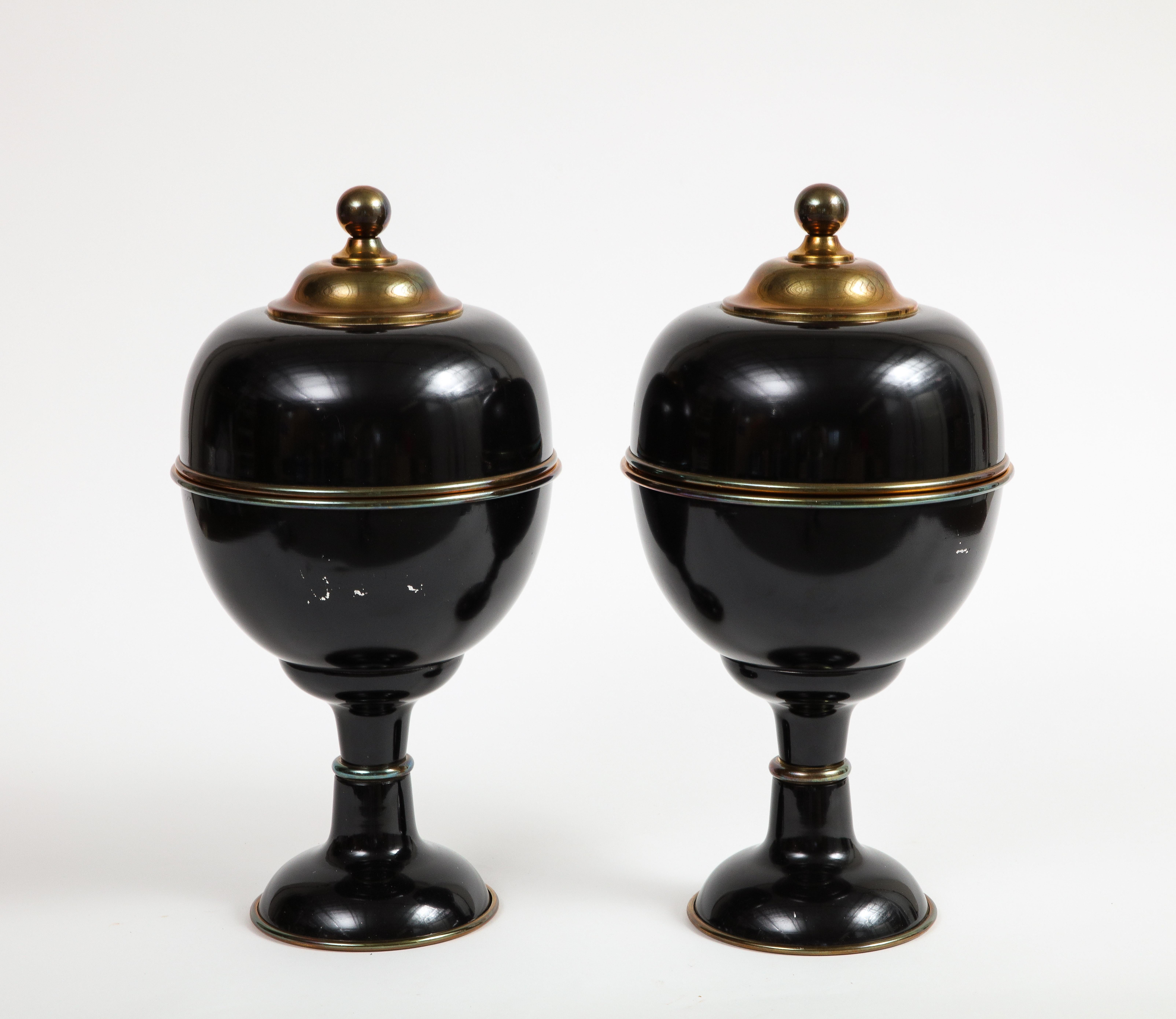 Pair of Large Decorative Black Enamel Urns with Brass Detail For Sale 2