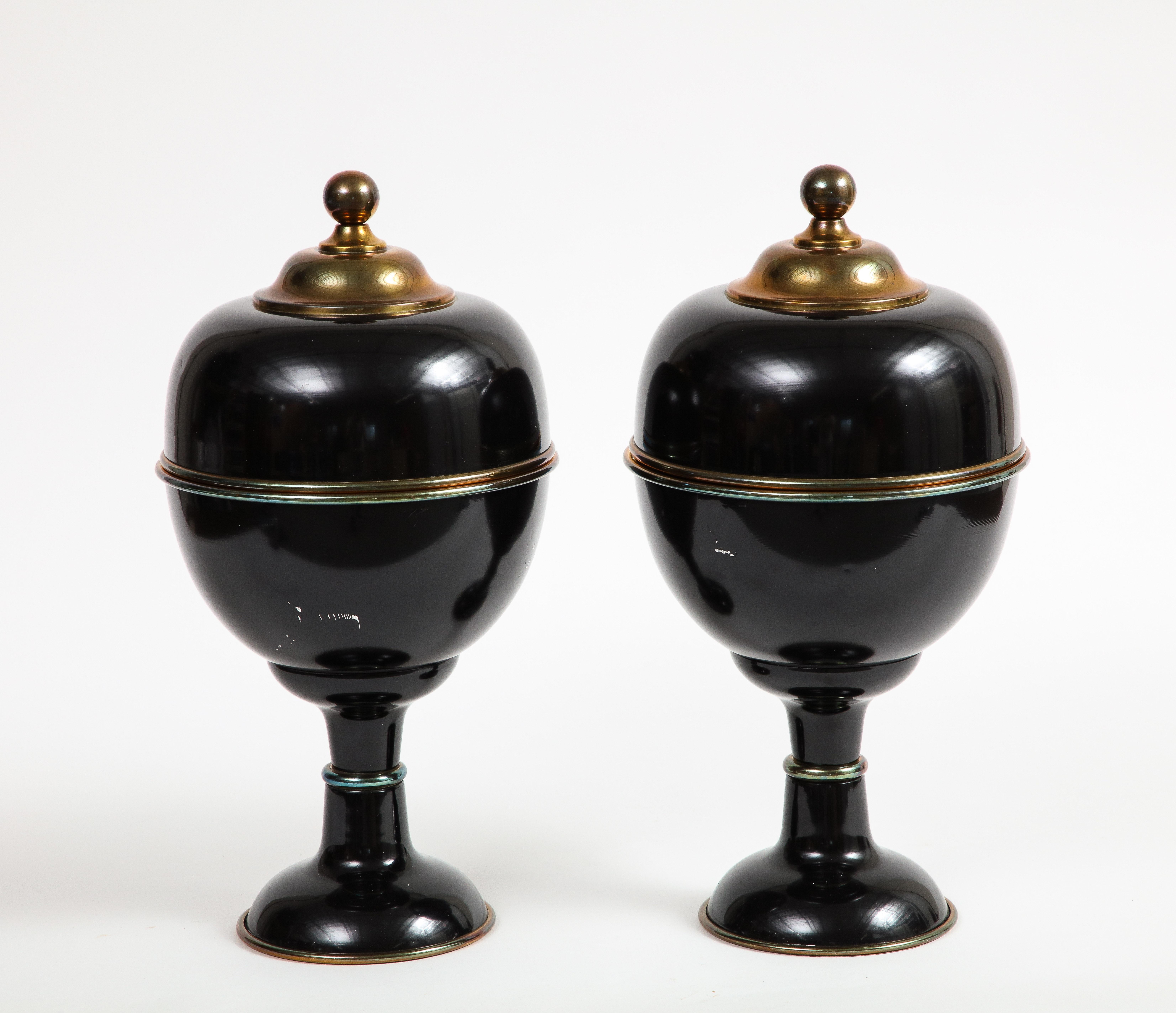 Pair of Large Decorative Black Enamel Urns with Brass Detail For Sale 3