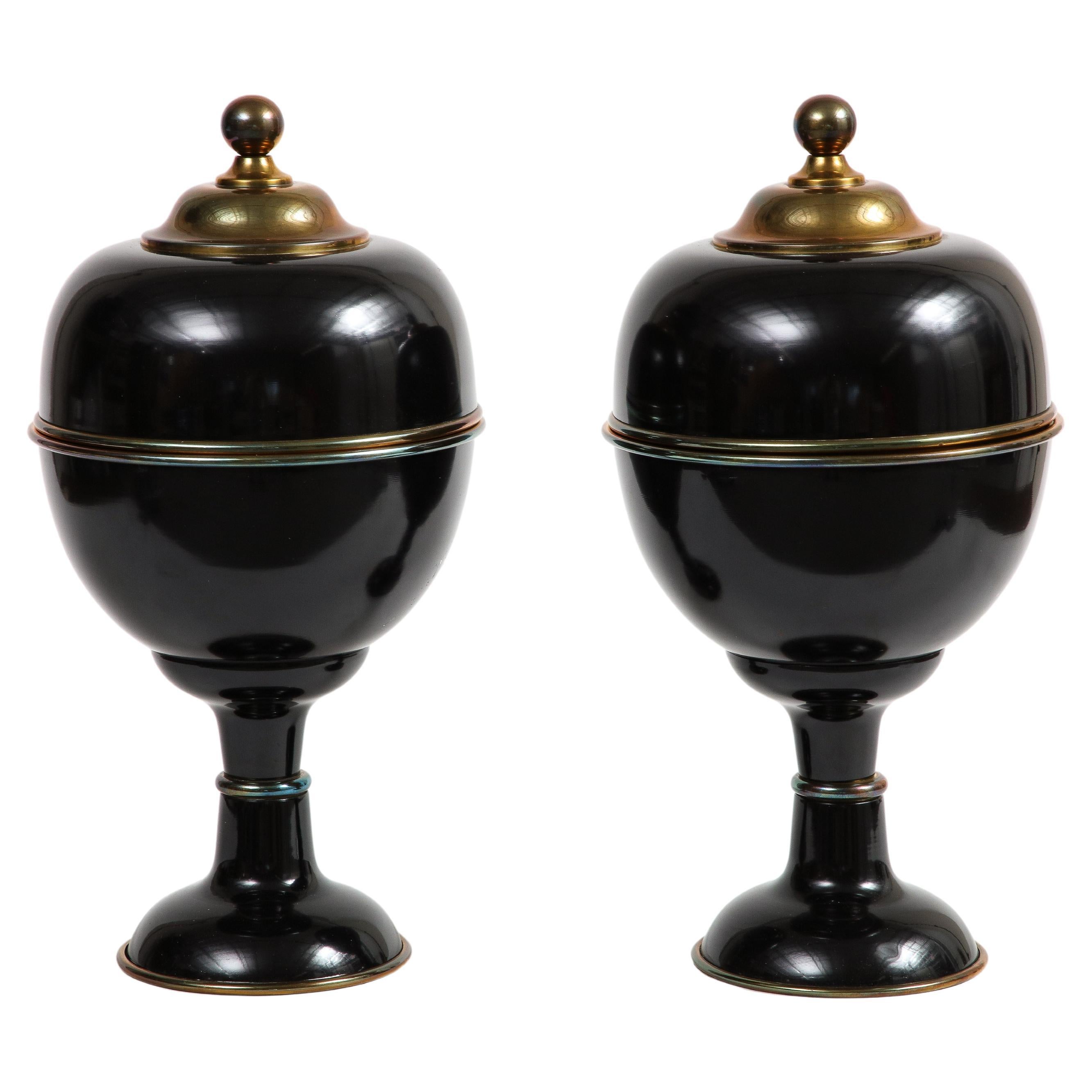 Pair of Large Decorative Black Enamel Urns with Brass Detail For Sale