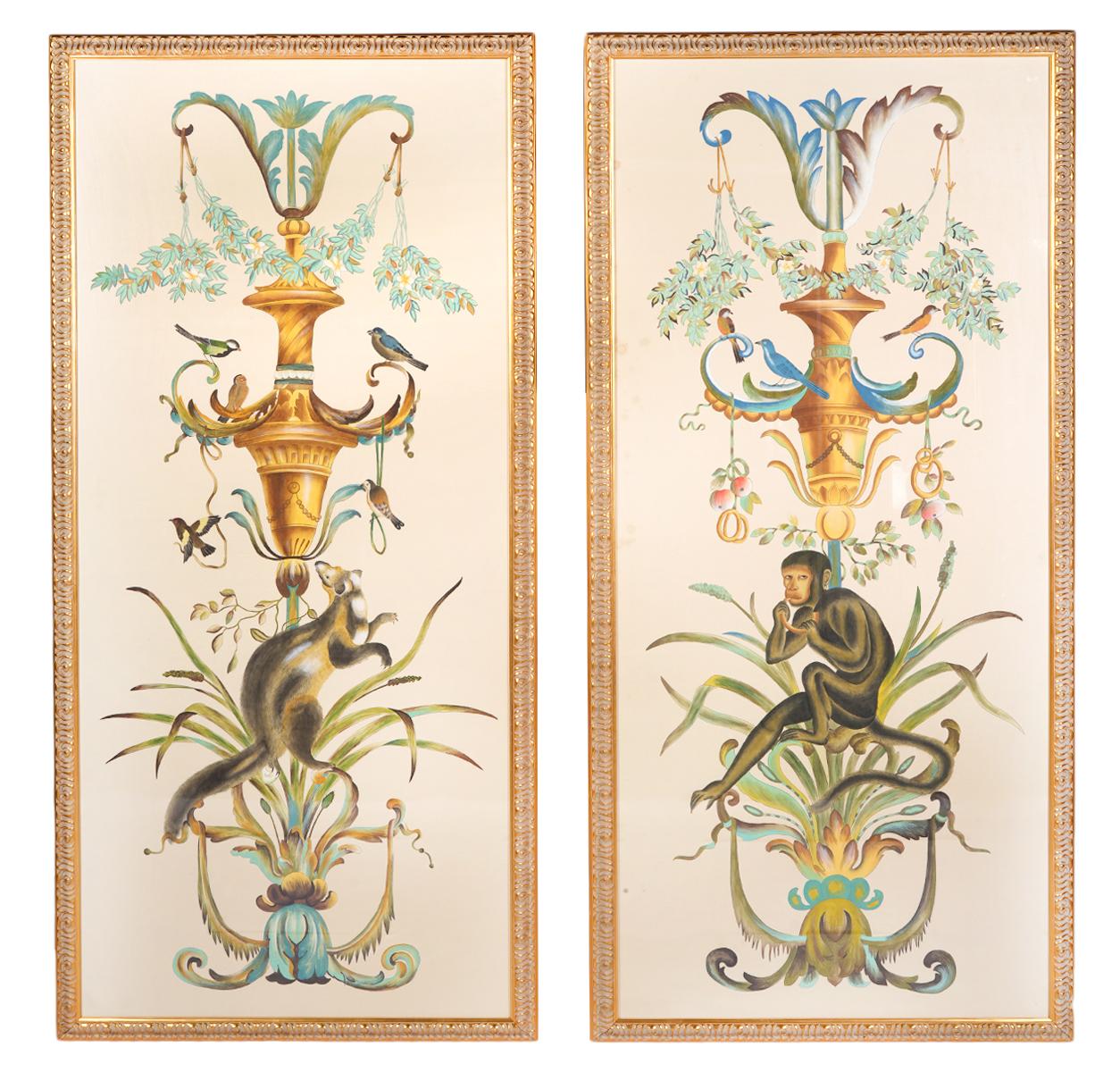 Américain Paire de grandes peintures décoratives de Chelsea House à l'aquarelle, sur soie, représentant la vie sauvage en vente