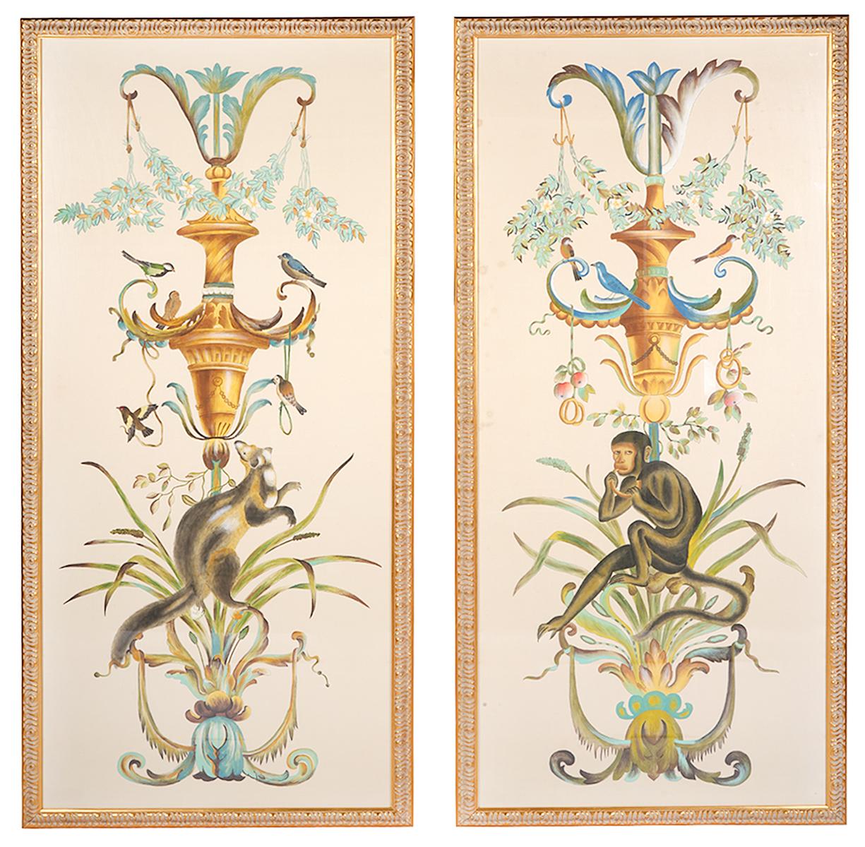 20ième siècle Paire de grandes peintures décoratives de Chelsea House à l'aquarelle, sur soie, représentant la vie sauvage en vente