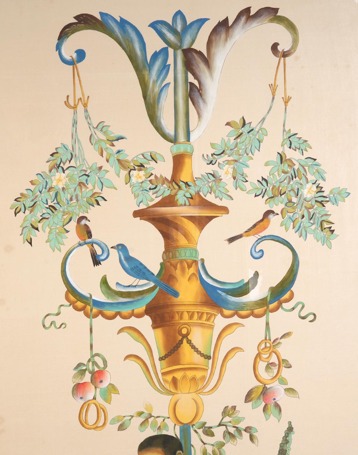 Soie Paire de grandes peintures décoratives de Chelsea House à l'aquarelle, sur soie, représentant la vie sauvage en vente
