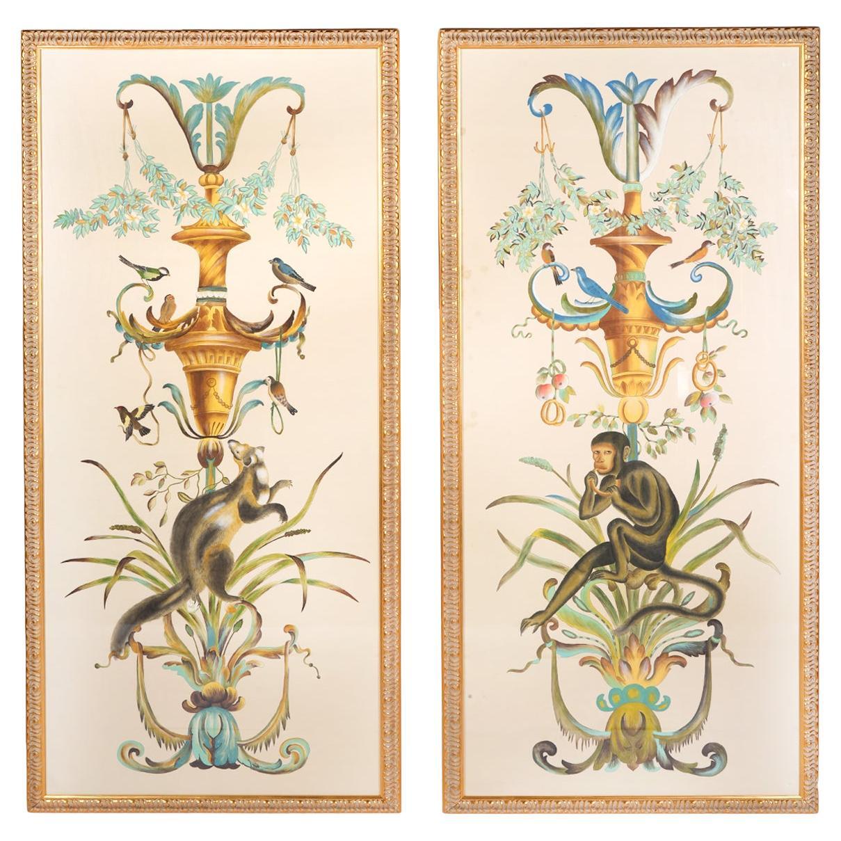 Paire de grandes peintures décoratives de Chelsea House à l'aquarelle, sur soie, représentant la vie sauvage en vente