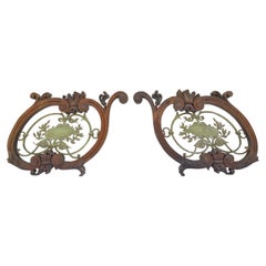 Pair of Large Decorative Elements in Carved Wood and Wrought Iron