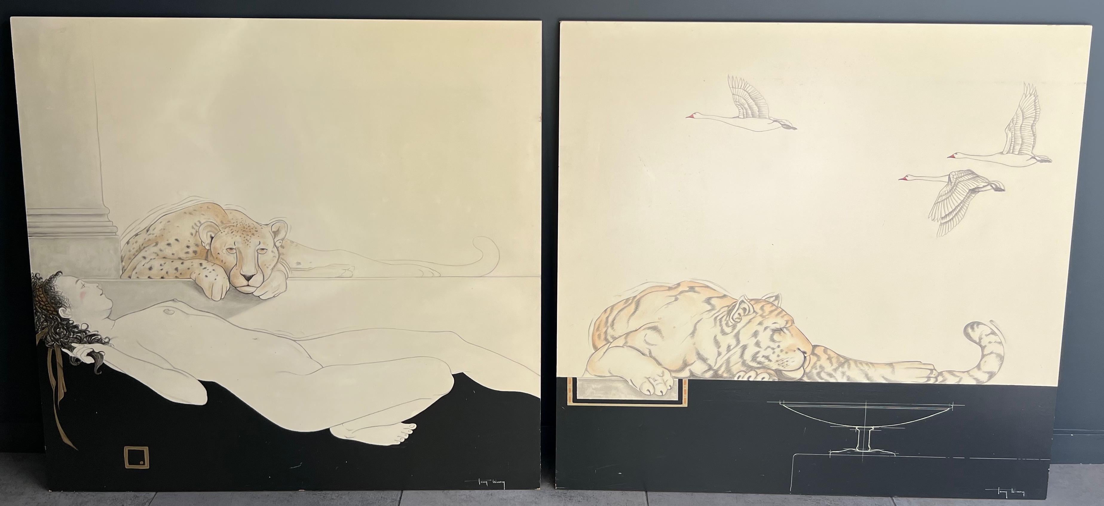 This pair of large gouaches are very decorative. One of these represents a reclining naked woman and a tiger and the other one represents a tiger and wild geese. Both gouaches of this diptych are signed by Tony Warren.