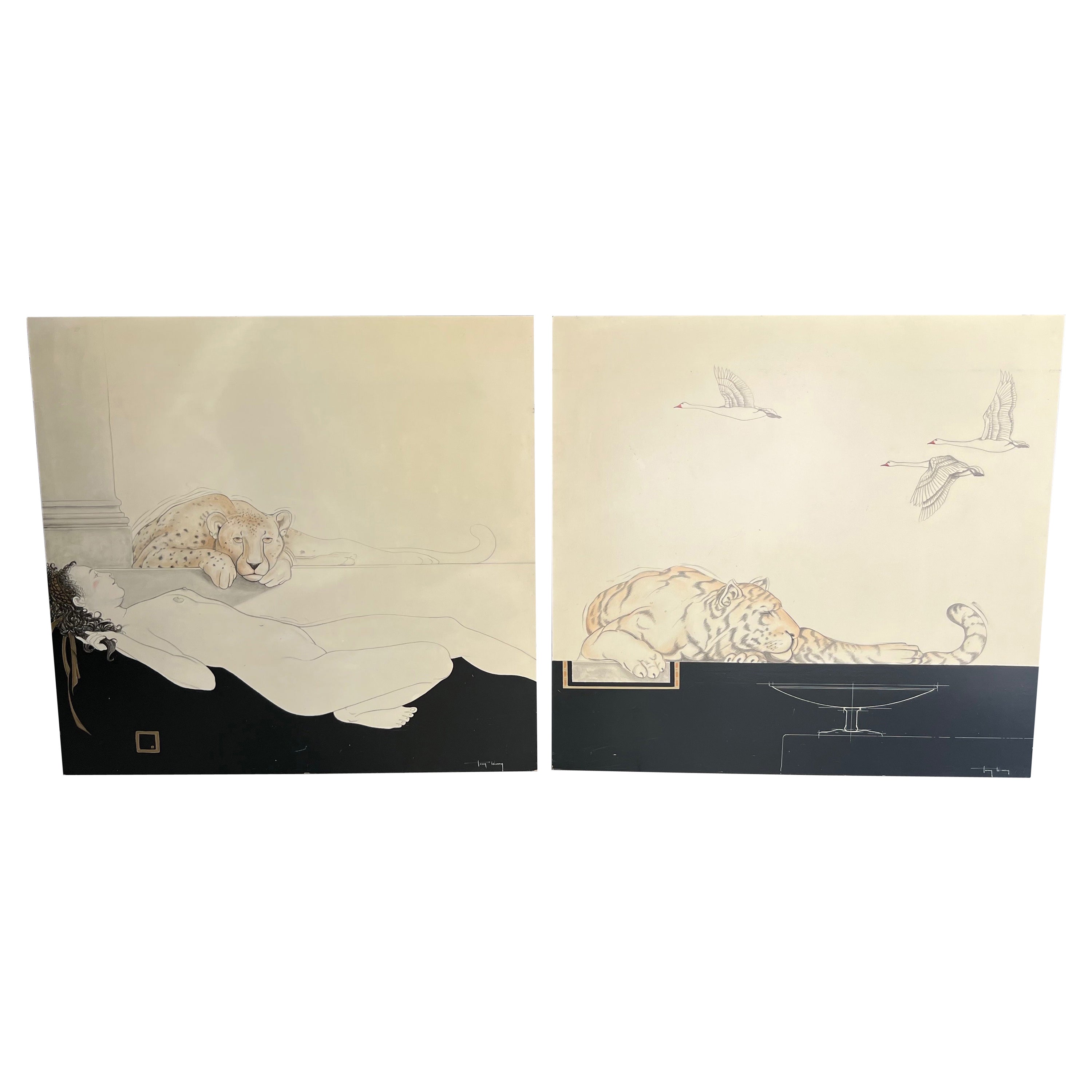 Pair of Large Decorative Gouaches Signed Tony Warren