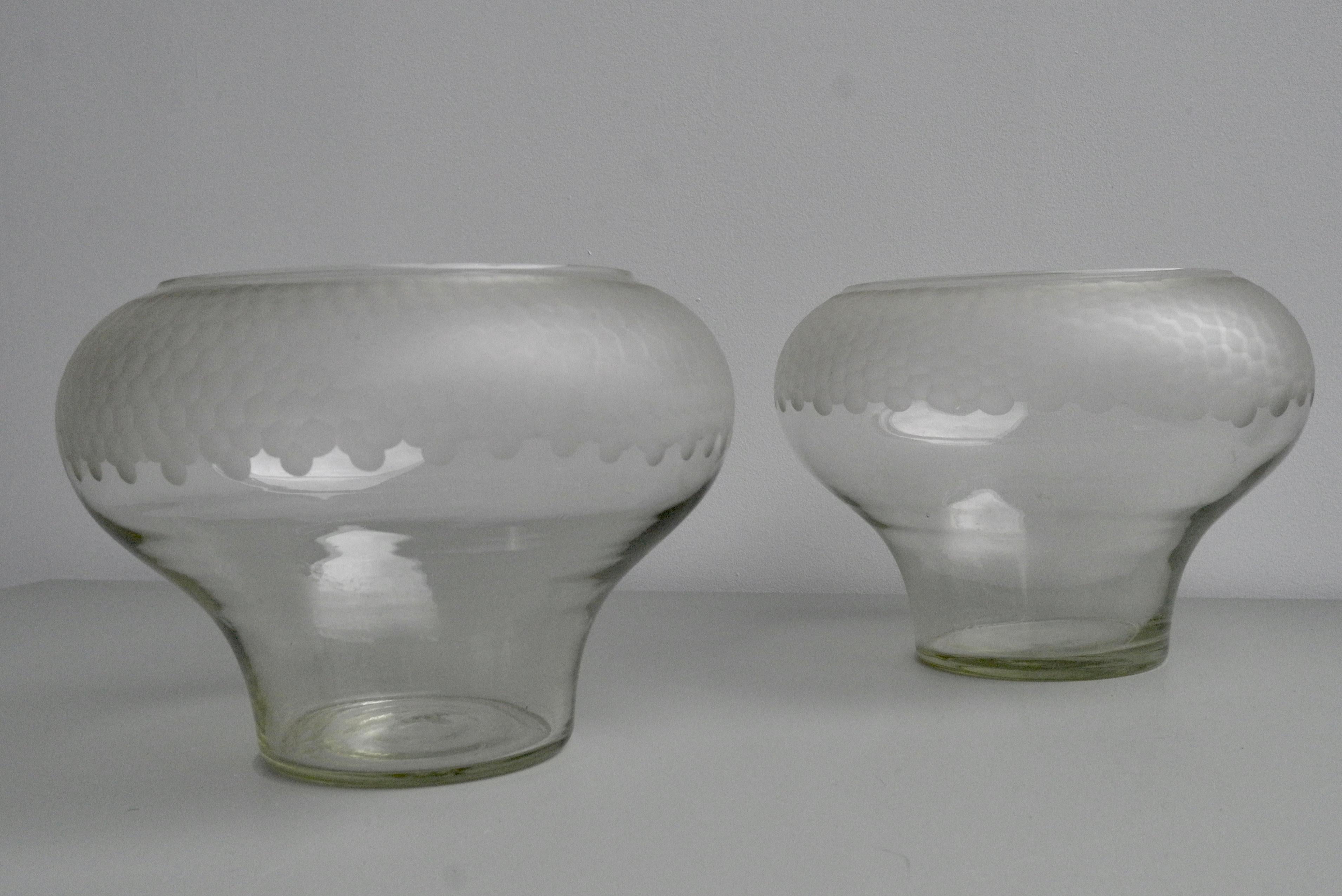 Pair of large decorative honeycomb midcentury glass bowl vases.