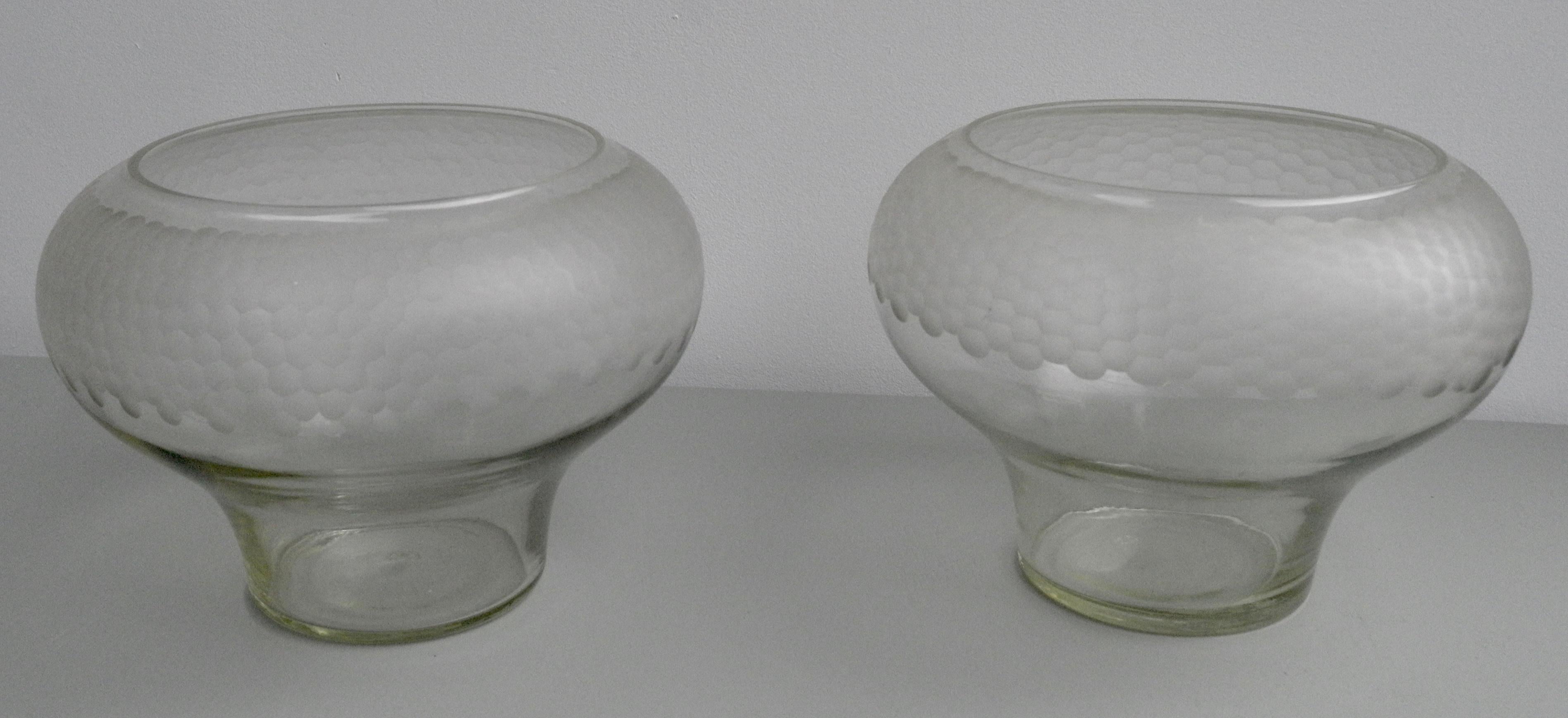 French Pair of Large Decorative Honeycomb Midcentury Glass Bowl Vases For Sale