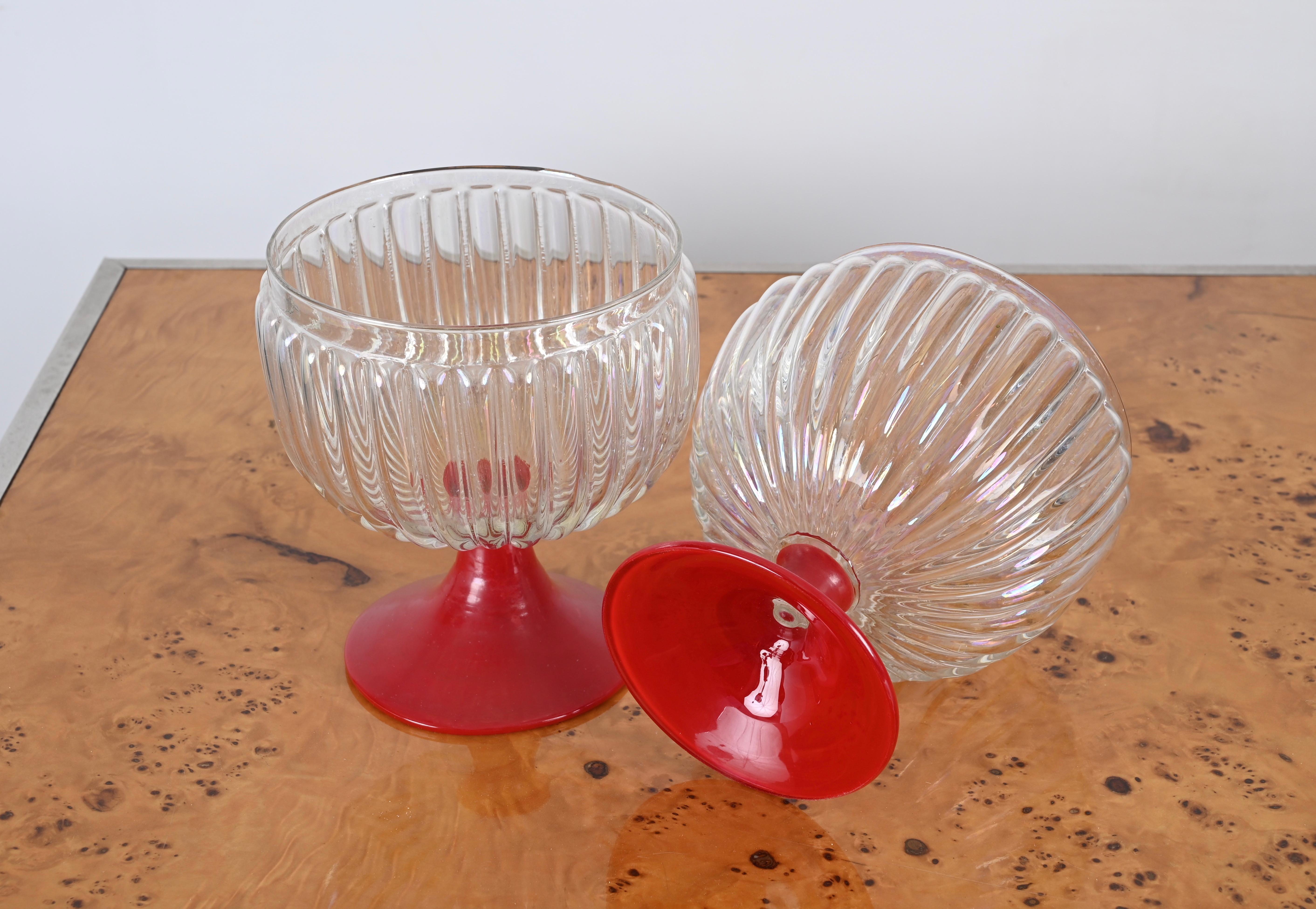 Pair of Large Decorative Murano Red and Iridescent Goblet Glasses, Italy 1940s For Sale 4
