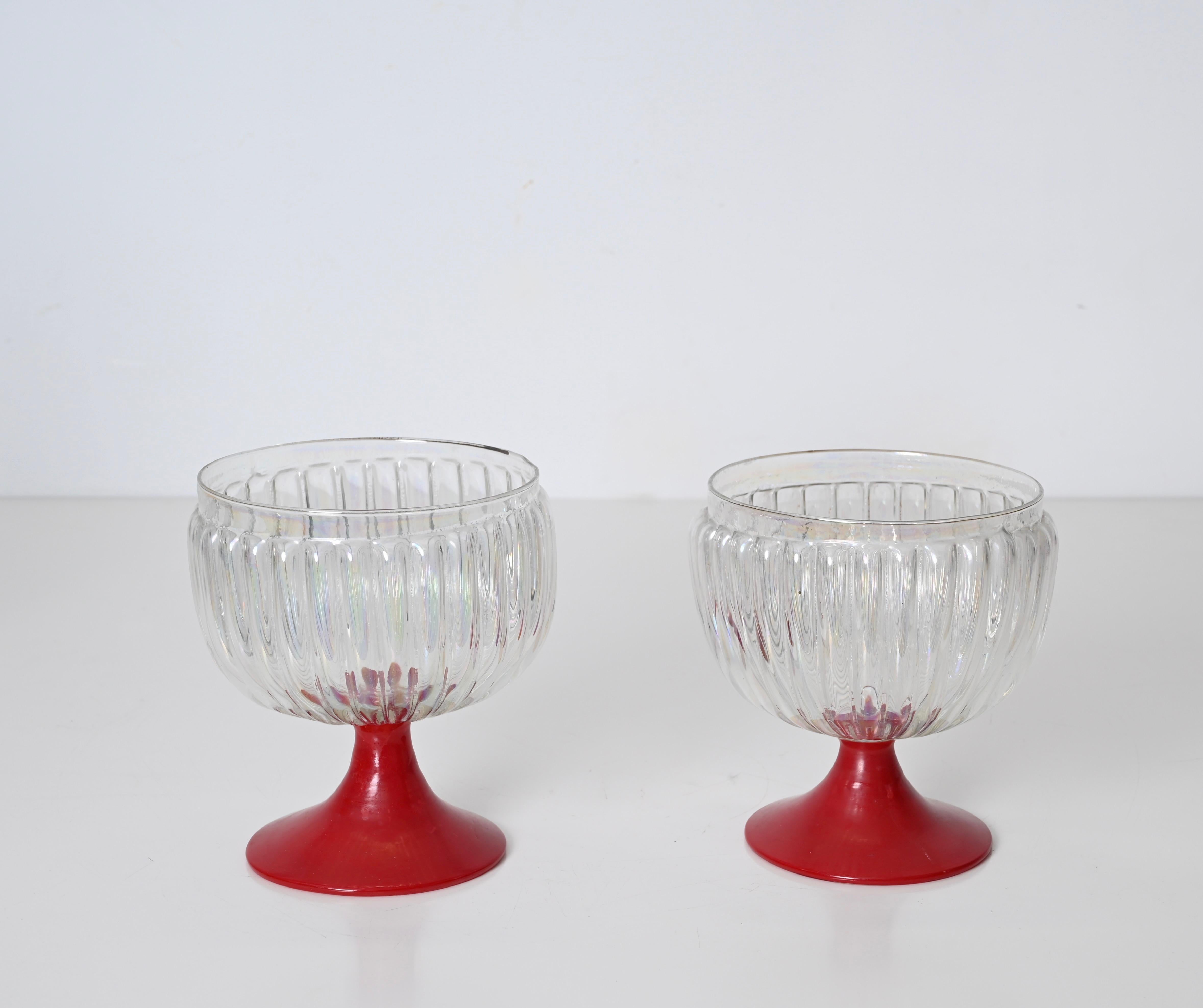 Pair of Large Decorative Murano Red and Iridescent Goblet Glasses, Italy 1940s For Sale 6