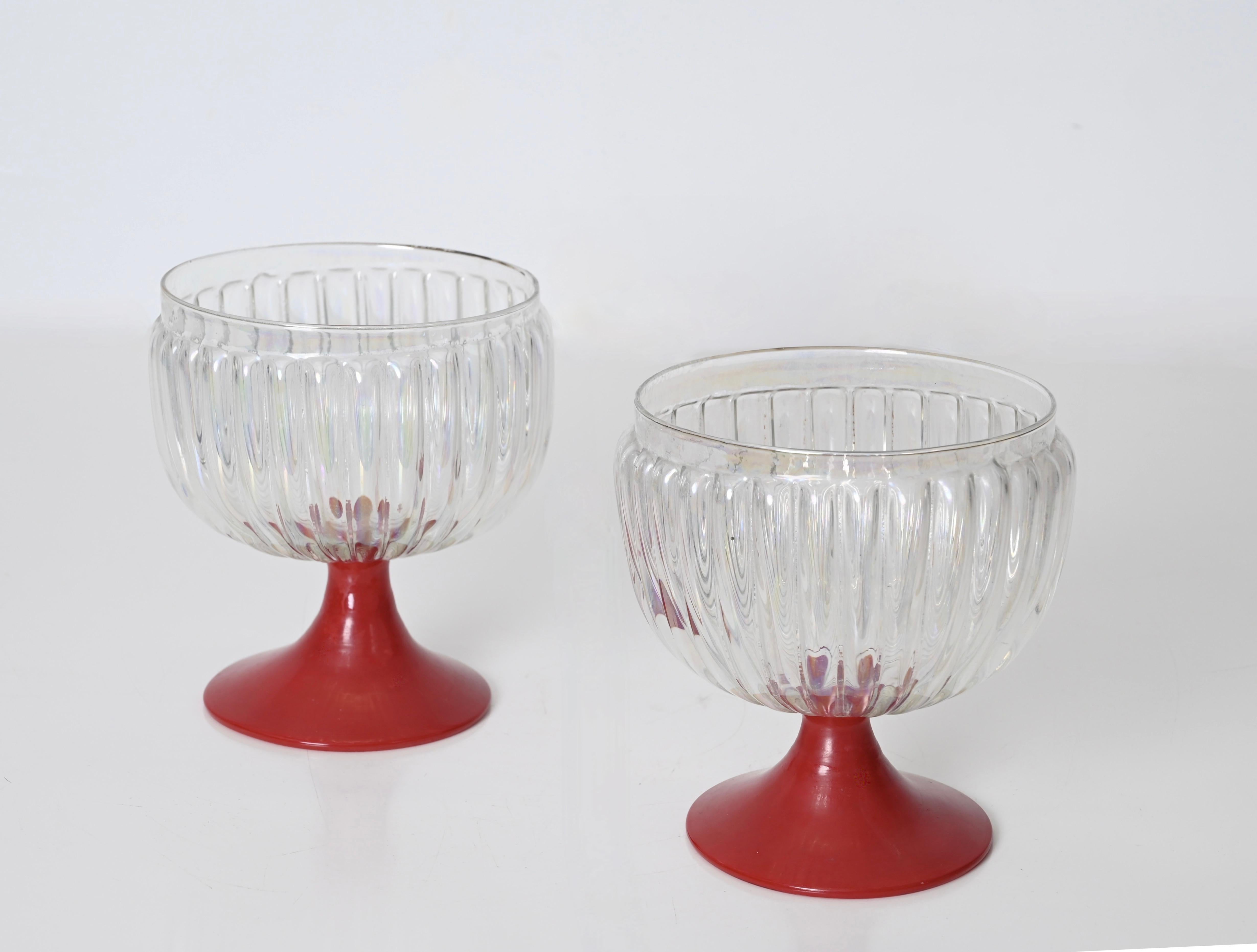 Italian Pair of Large Decorative Murano Red and Iridescent Goblet Glasses, Italy 1940s For Sale