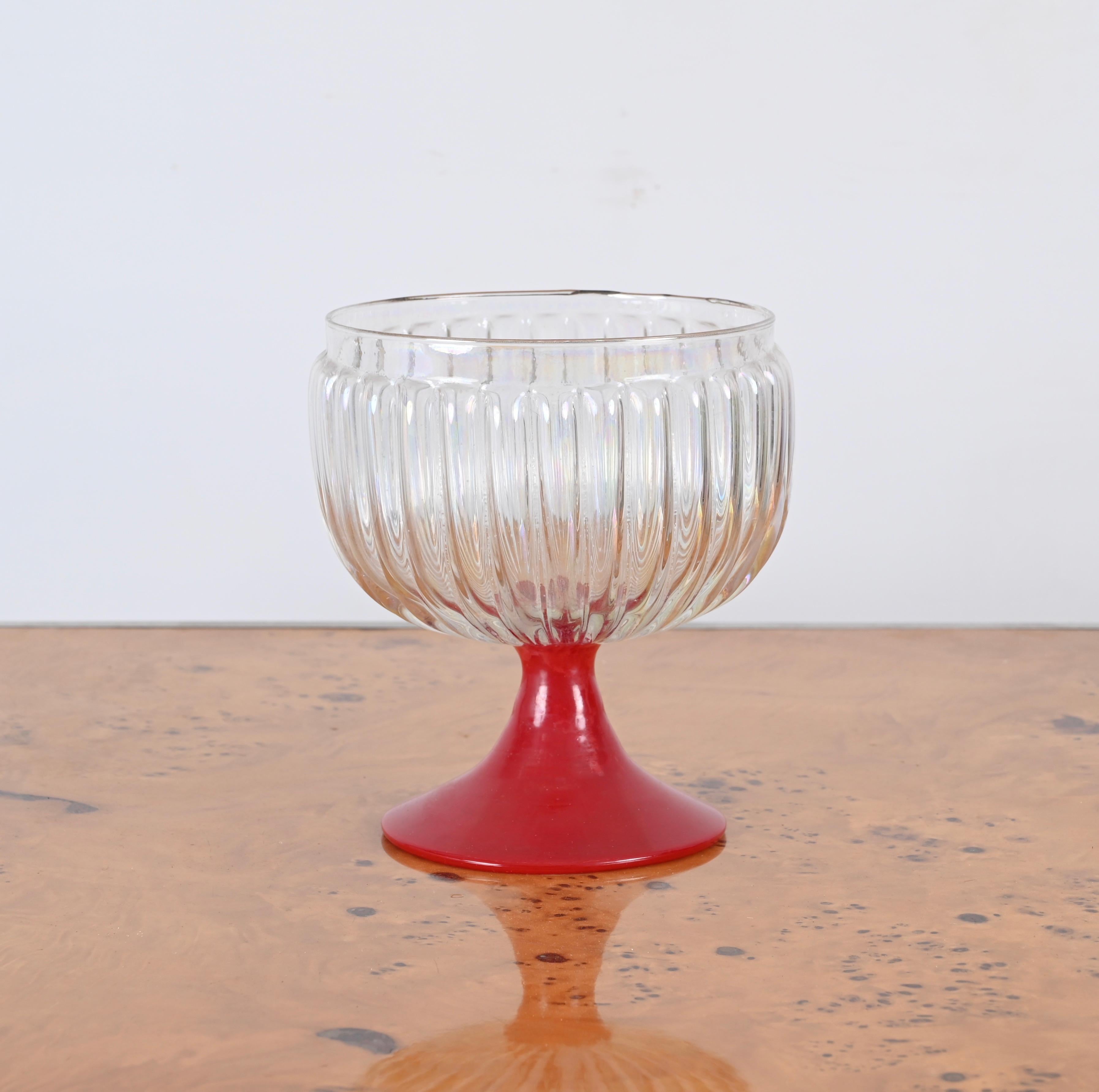 Pair of Large Decorative Murano Red and Iridescent Goblet Glasses, Italy 1940s For Sale 1