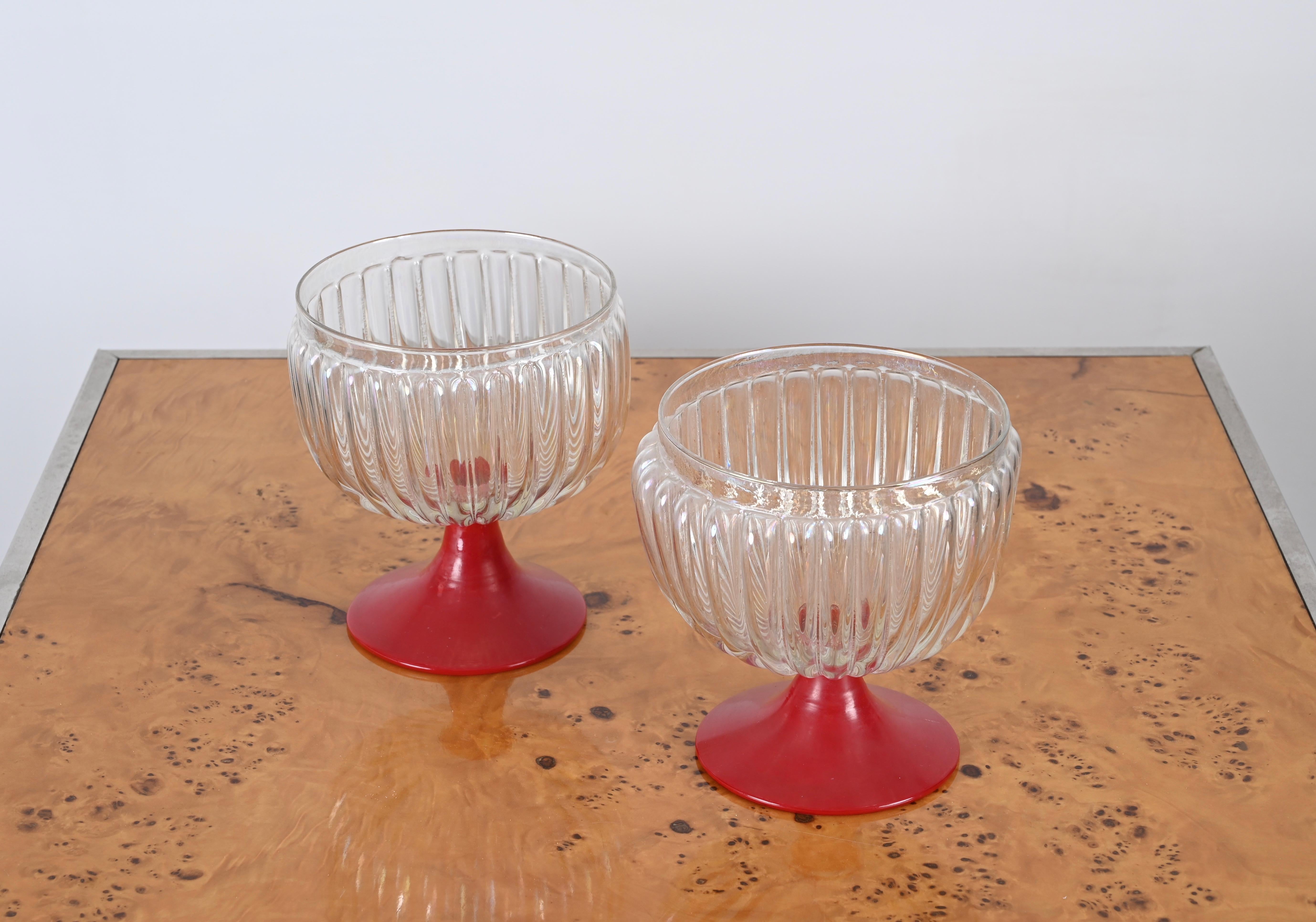 Pair of Large Decorative Murano Red and Iridescent Goblet Glasses, Italy 1940s For Sale 3