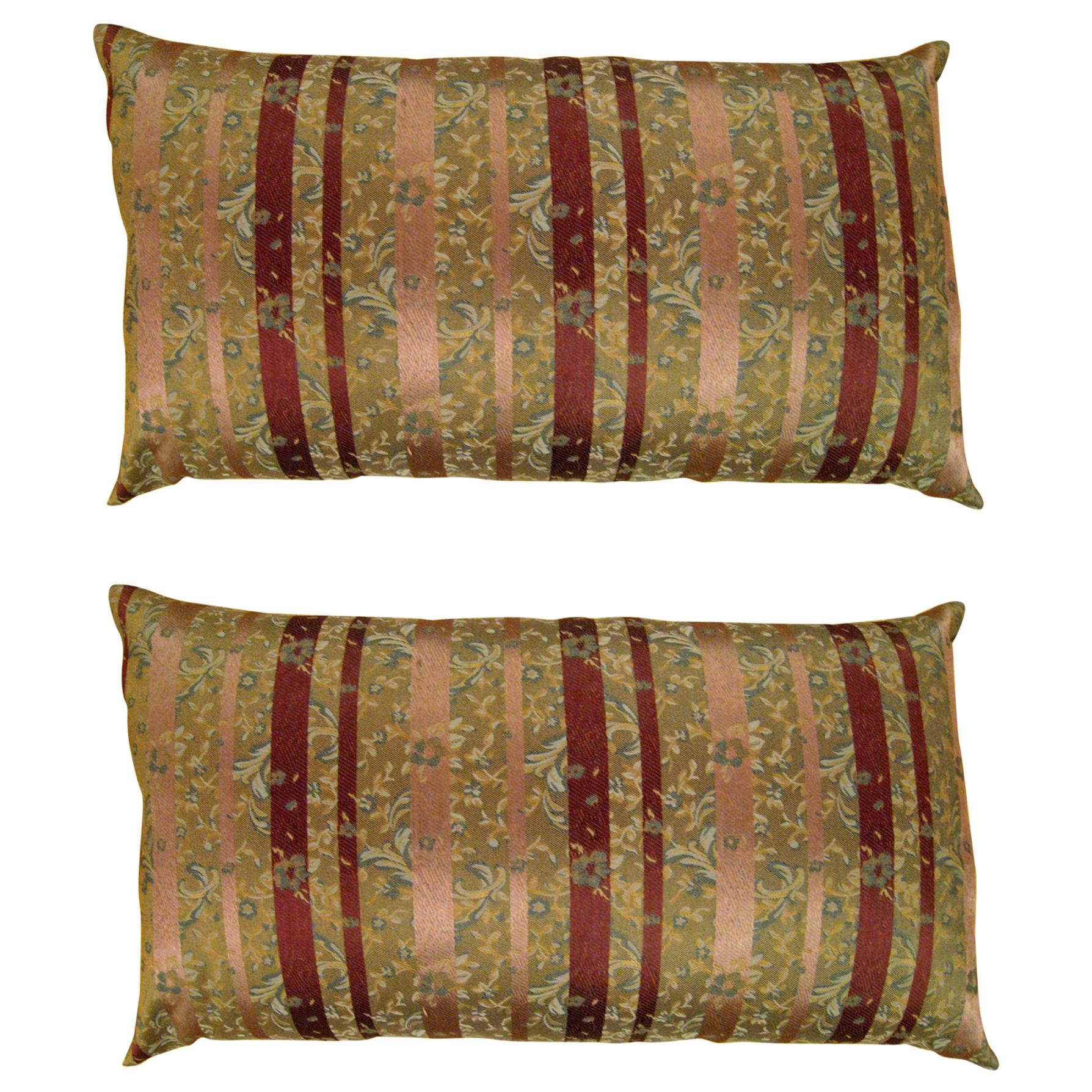 Pair of Large Decorative Satin Pillows w/ Vintage Striped Brocade on Both Sides For Sale
