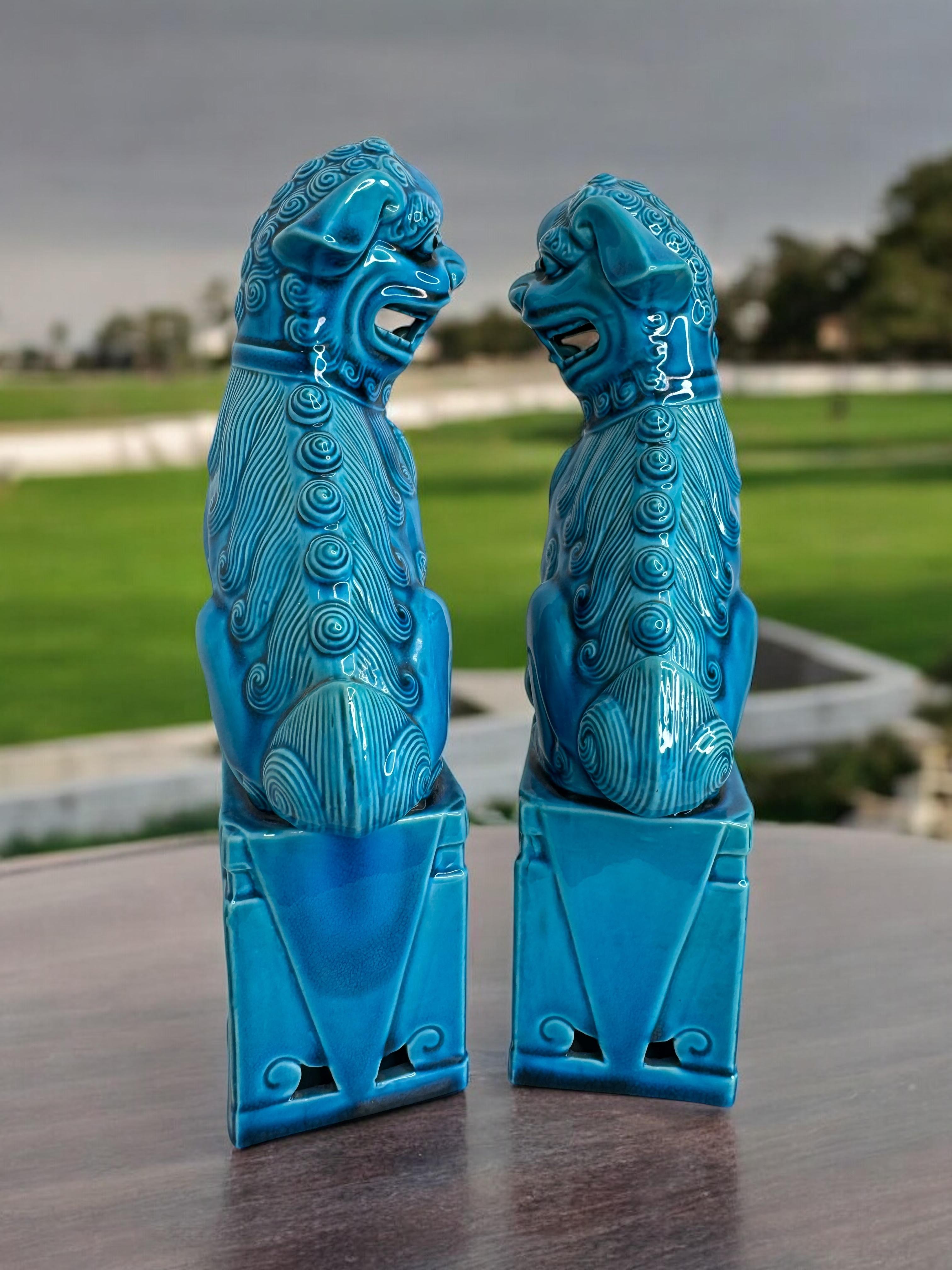 Pair of large Decorative Turquoise Blue Foo Dogs Sculptures, Ceramic Statue 4