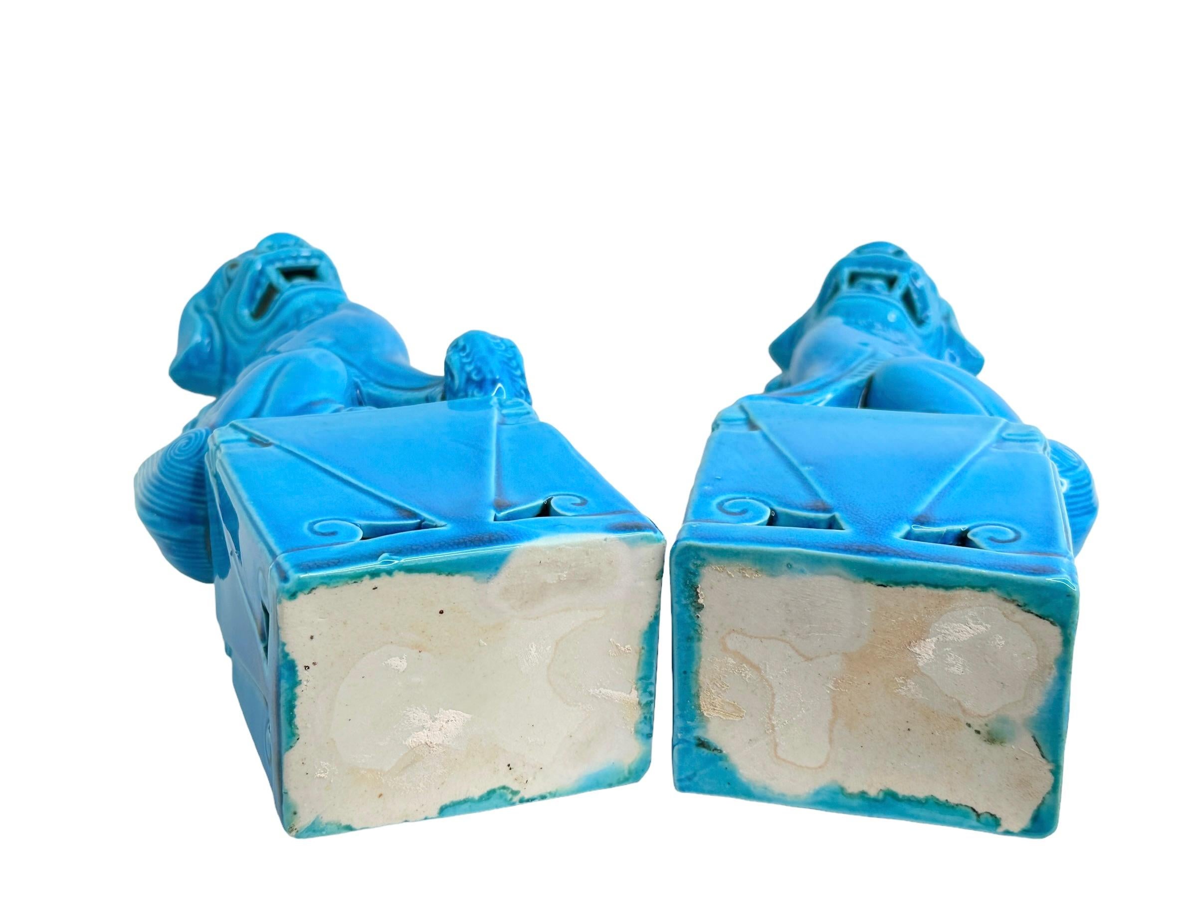 Hollywood Regency Pair of large Decorative Turquoise Blue Foo Dogs Sculptures, Ceramic Statue