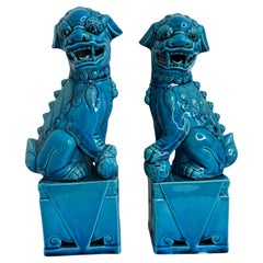 Pair of large Decorative Turquoise Blue Foo Dogs Sculptures, Ceramic Statue