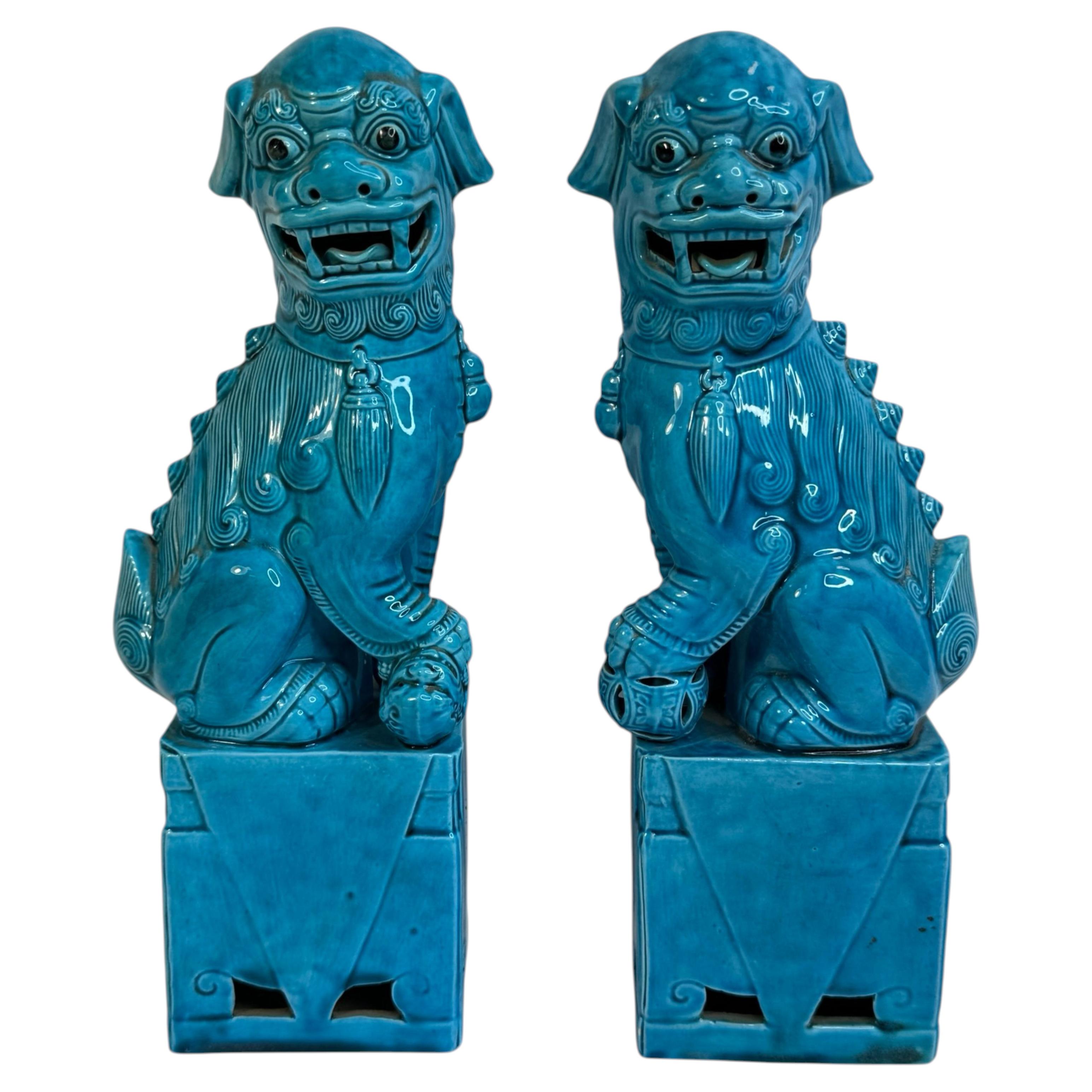 Pair of large Decorative Turquoise Blue Foo Dogs Sculptures, Ceramic Statue