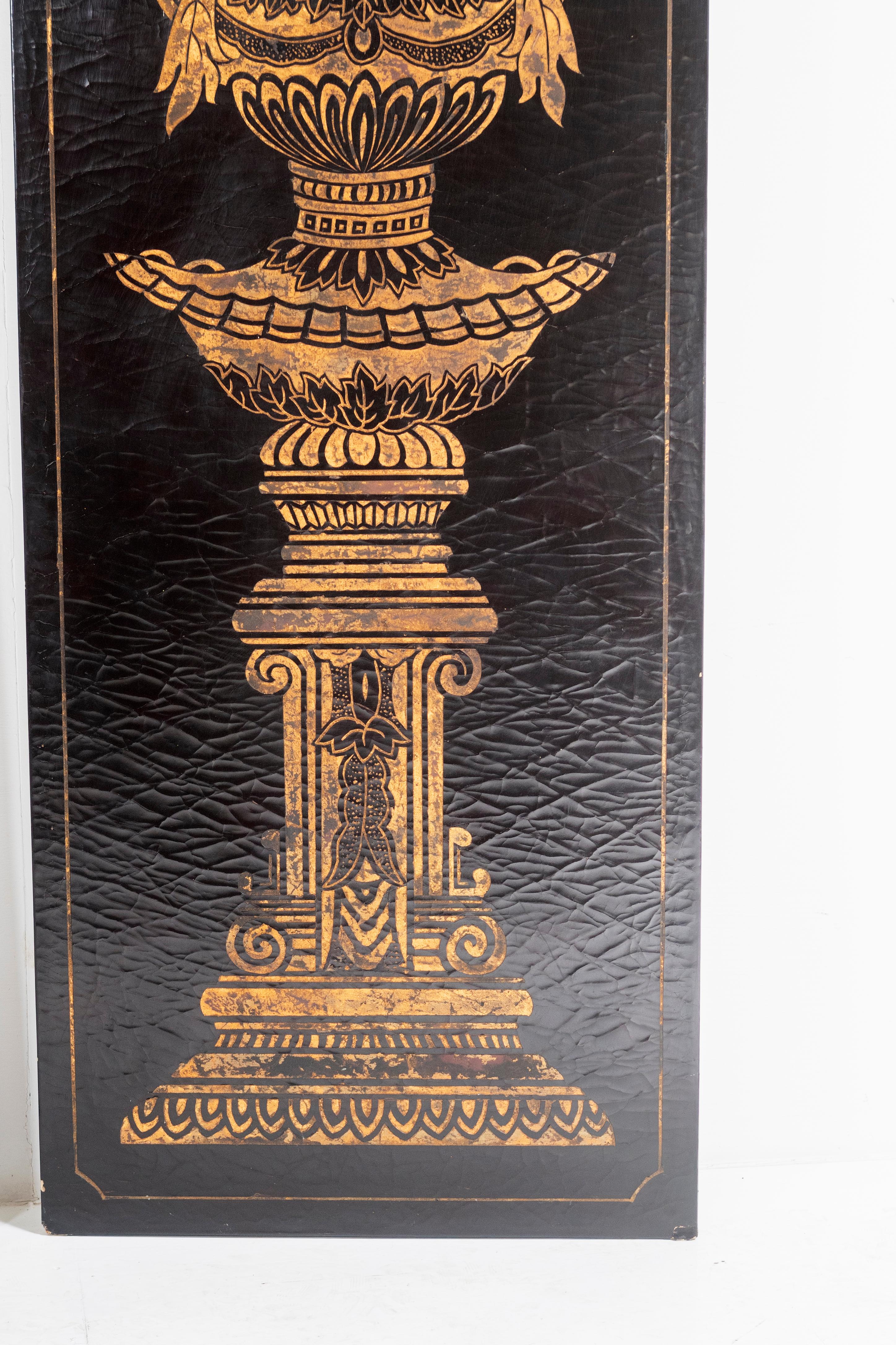 Pair of Large Decorative Wall Panels Gold Empire Urns on Black Lacquered Gesso  For Sale 2