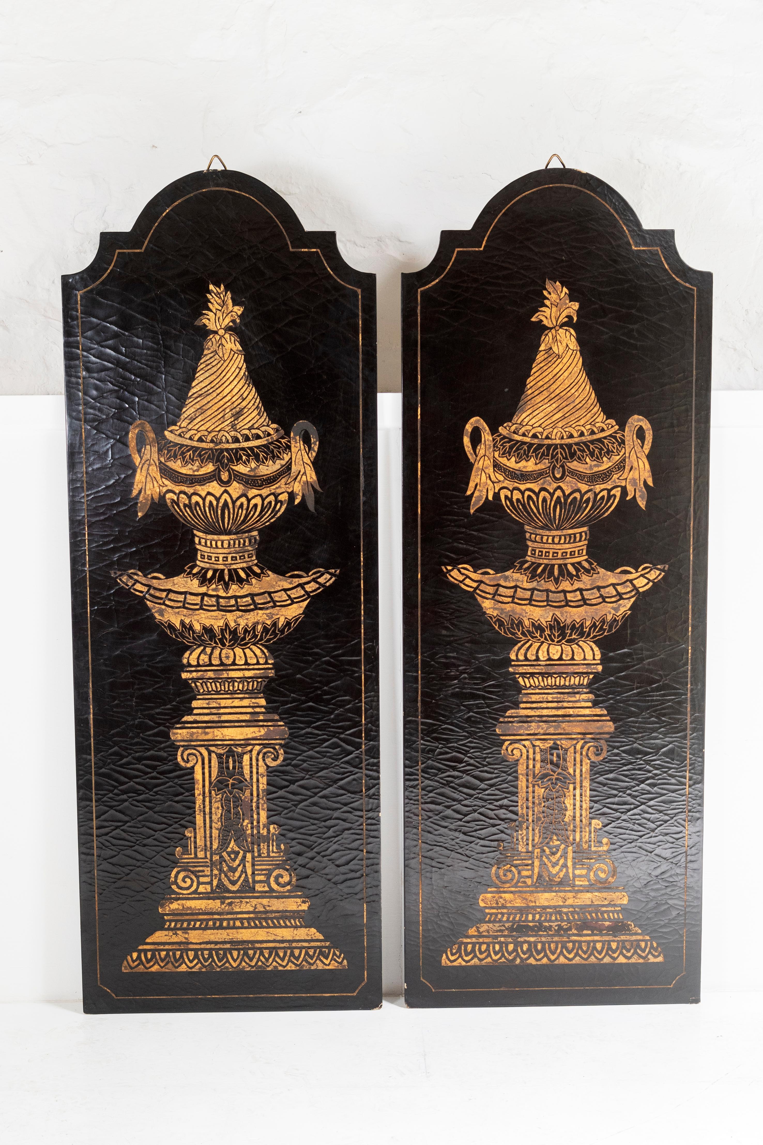 British Pair of Large Decorative Wall Panels Gold Empire Urns on Black Lacquered Gesso  For Sale