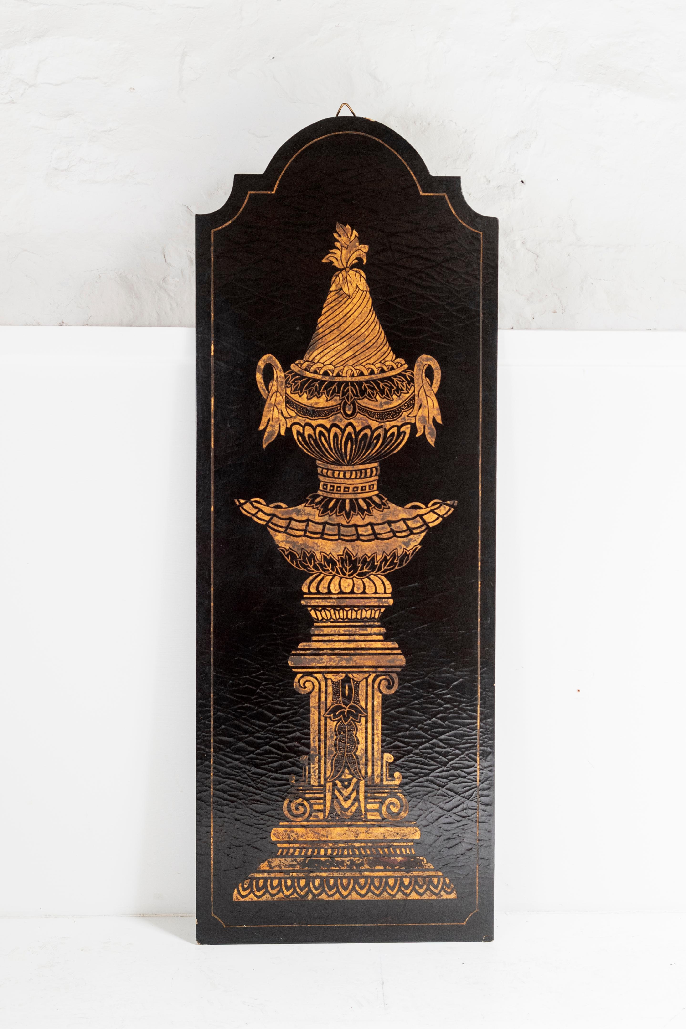 19th Century Pair of Large Decorative Wall Panels Gold Empire Urns on Black Lacquered Gesso  For Sale