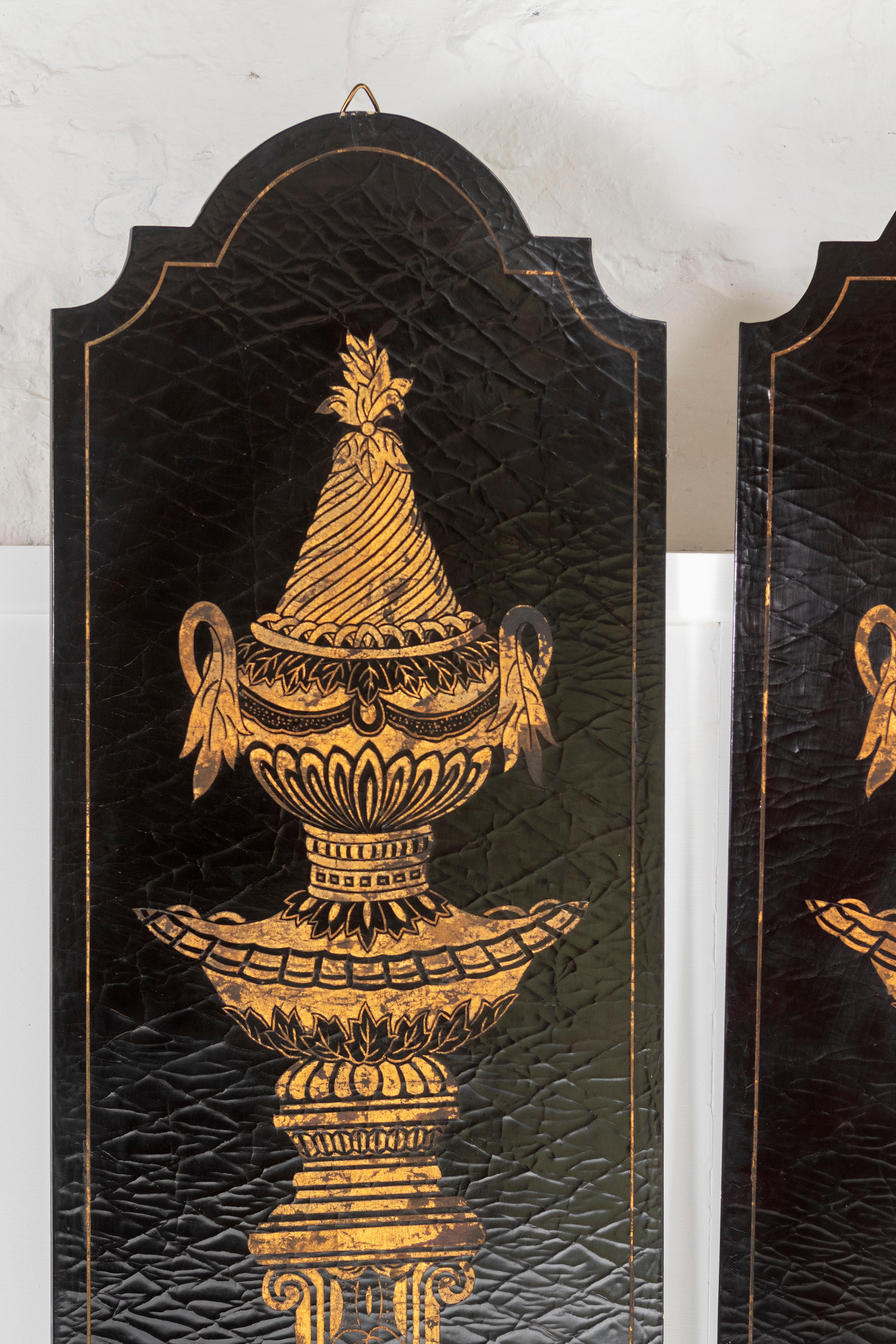 Pair of Large Decorative Wall Panels Gold Empire Urns on Black Lacquered Gesso  For Sale 1