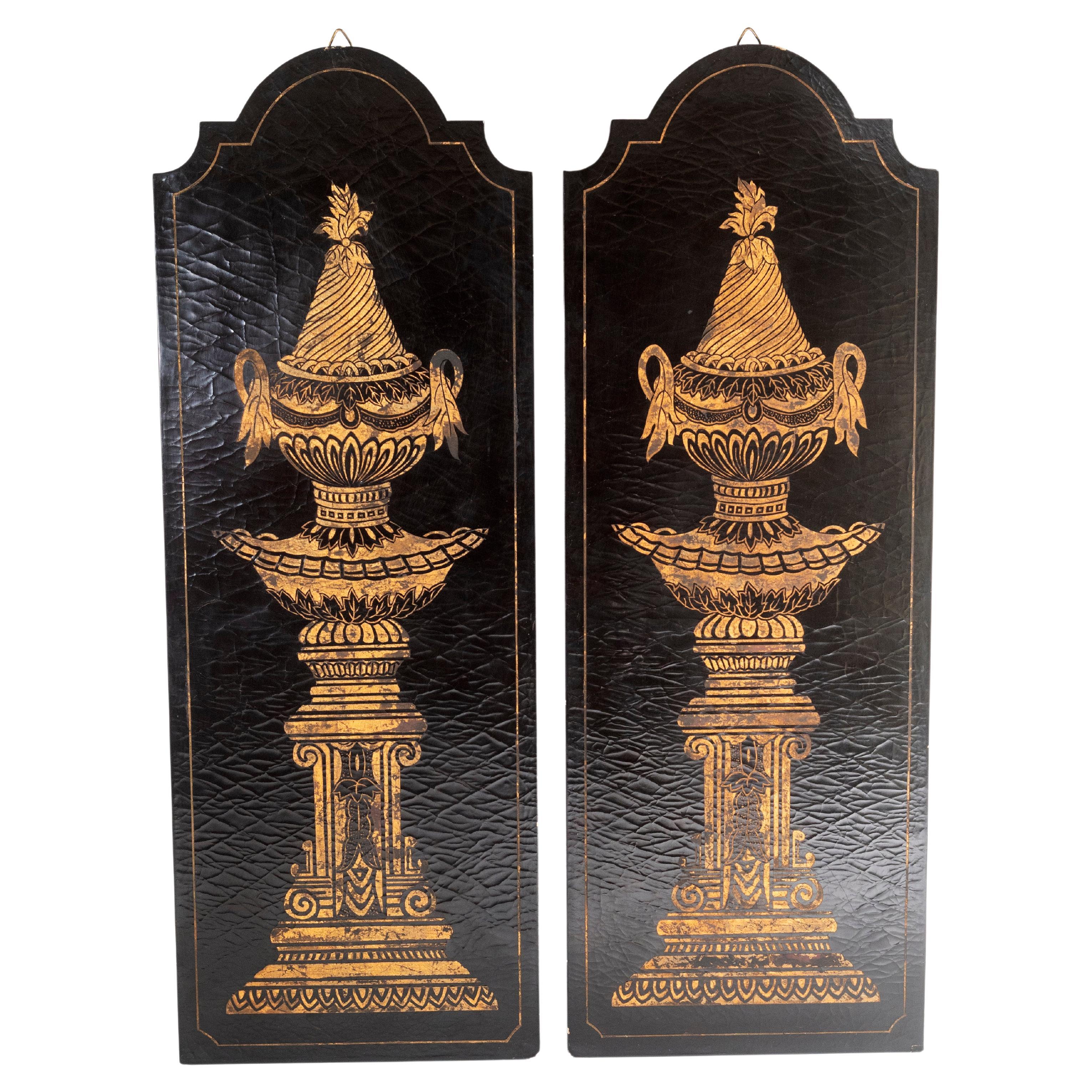 Pair of Large Decorative Wall Panels Gold Empire Urns on Black Lacquered Gesso  For Sale