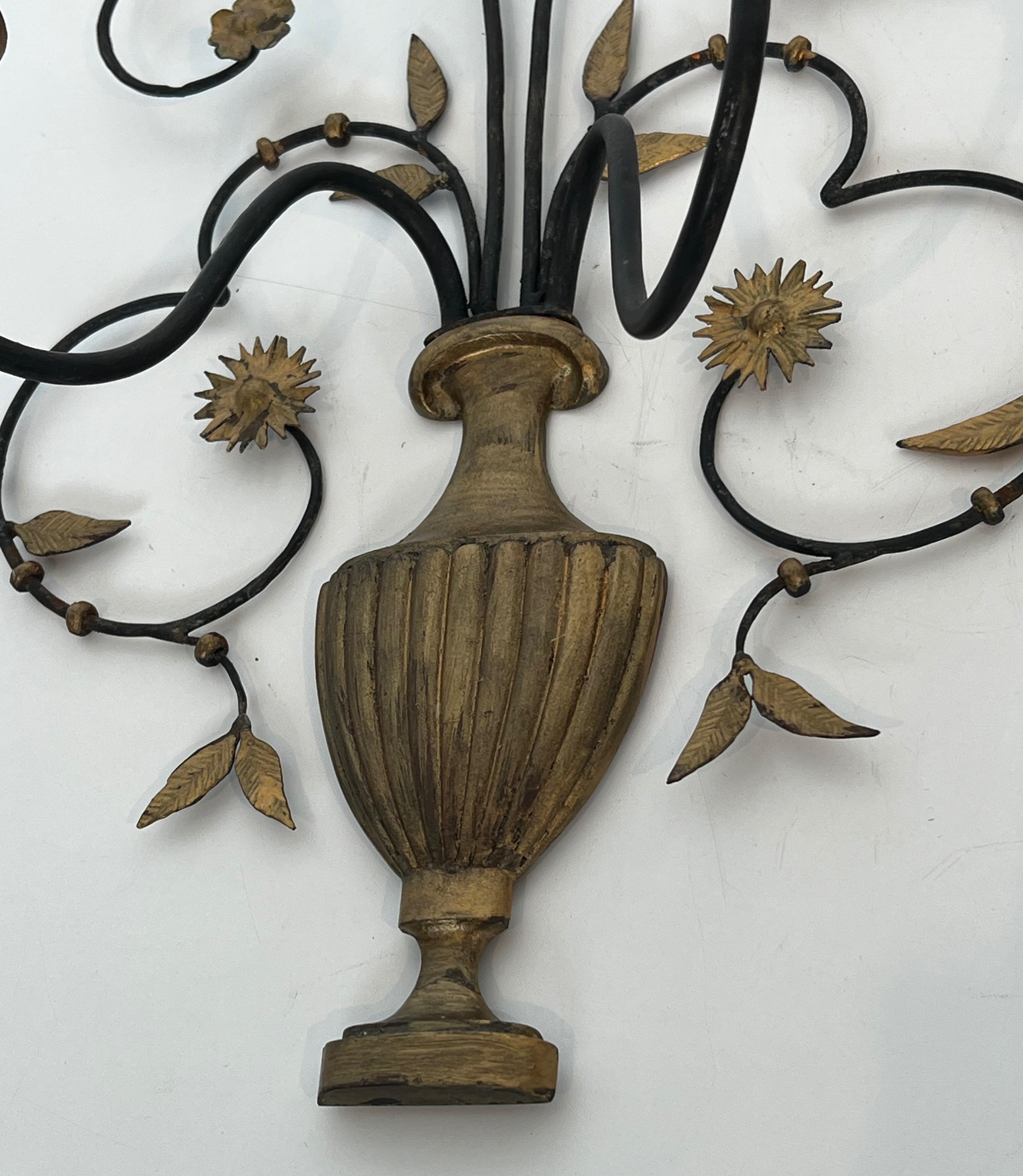 Pair of Large Decorative Wrought Iron and Gilded Wall Lights Representing a Bouq For Sale 4