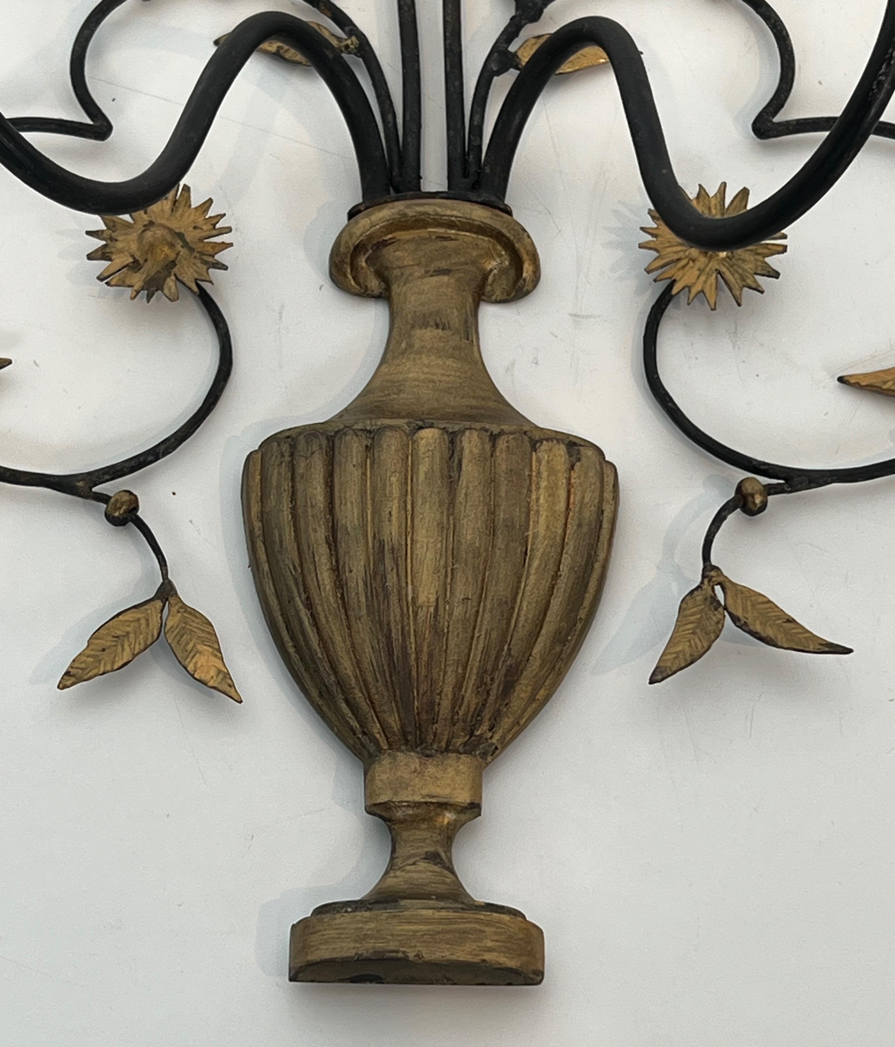 Pair of Large Decorative Wrought Iron and Gilded Wall Lights Representing a Bouq For Sale 5
