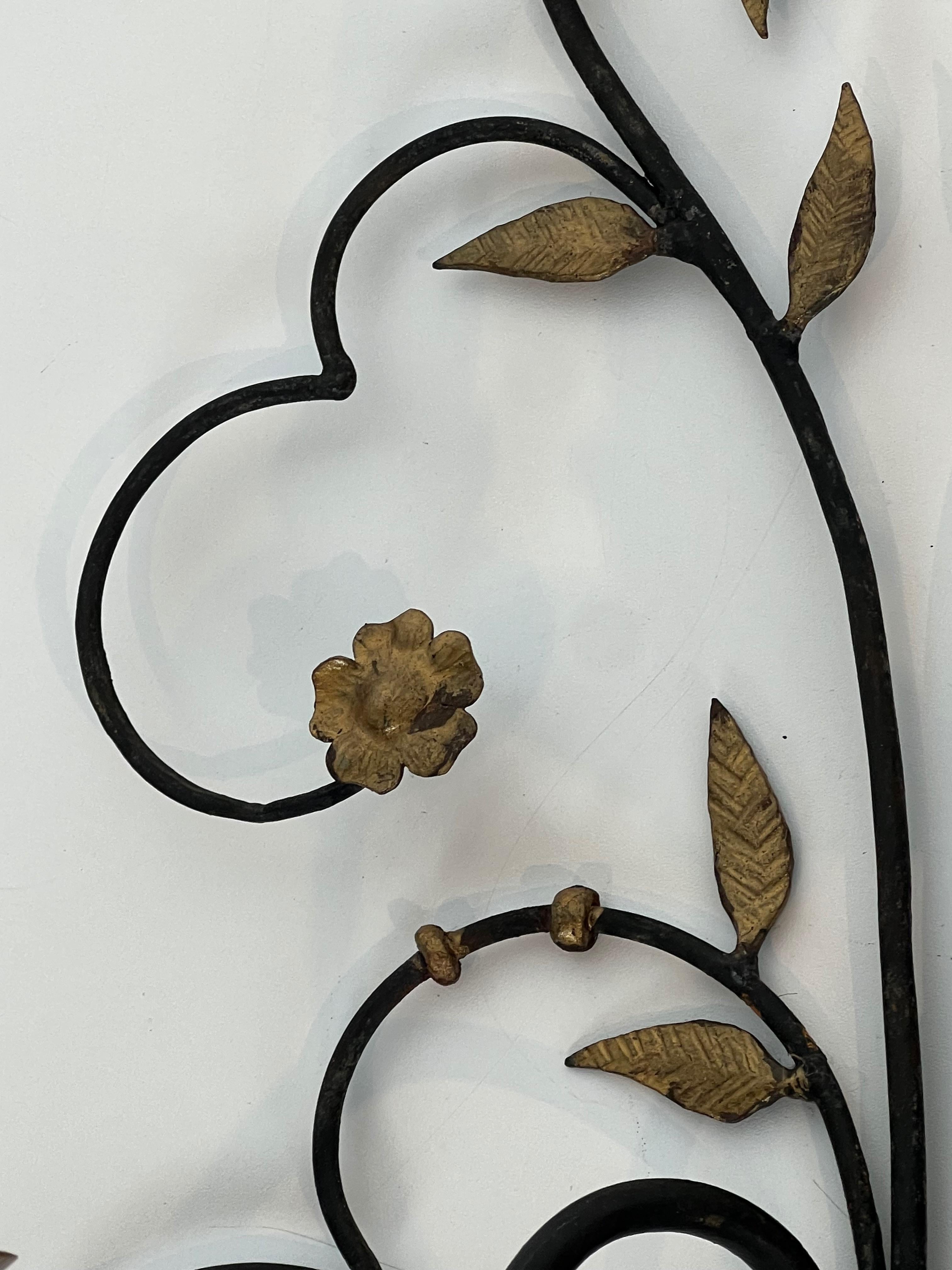 Pair of Large Decorative Wrought Iron and Gilded Wall Lights Representing a Bouq For Sale 8