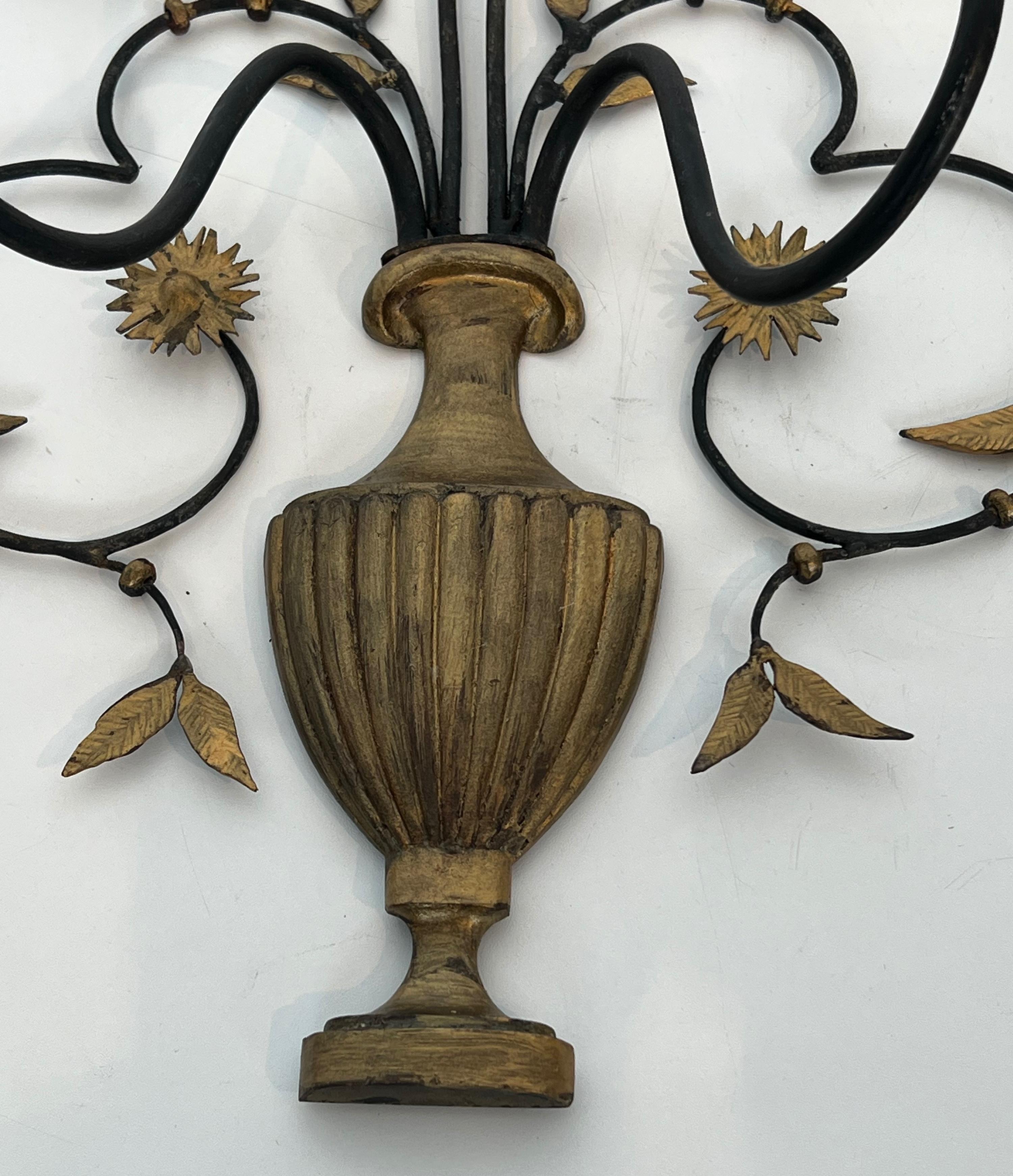 Pair of Large Decorative Wrought Iron and Gilded Wall Lights Representing a Bouq For Sale 11