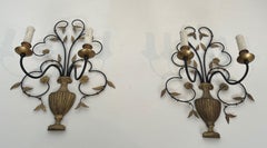 Pair of Large Decorative Wrought Iron and Gilded Wall Lights Representing a Bouq