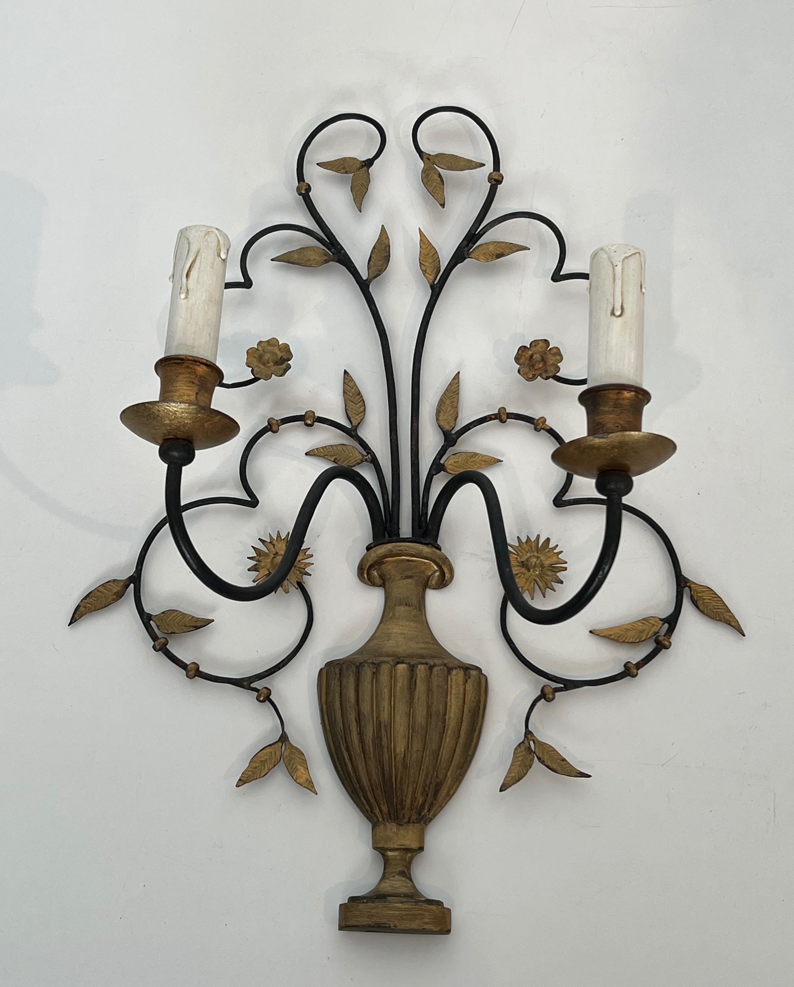Mid-Century Modern Pair of Large Decorative Wrought Iron and Gilded Wall Lights Representing a Bouq For Sale