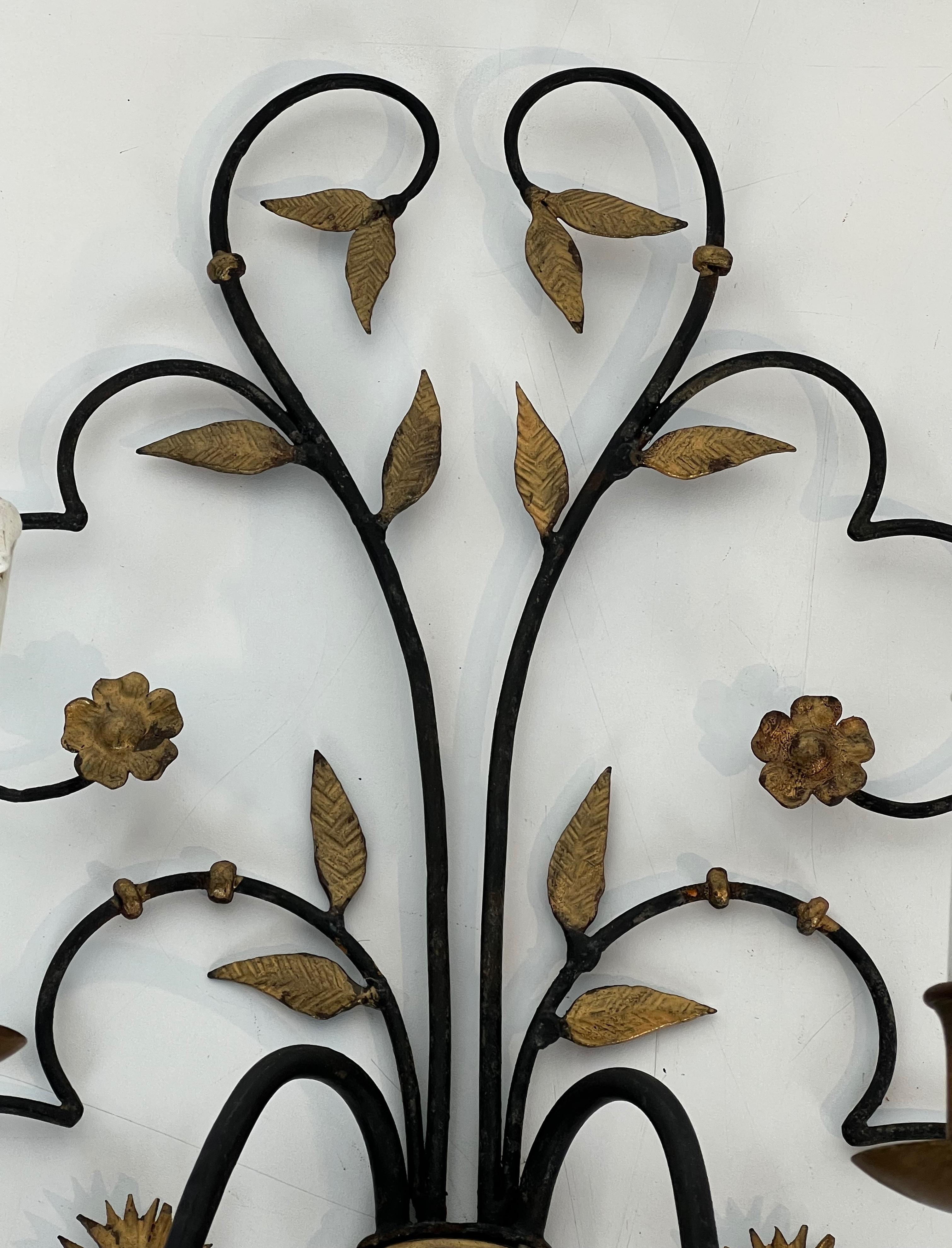 Pair of Large Decorative Wrought Iron and Gilded Wall Lights Representing a Bouq For Sale 1