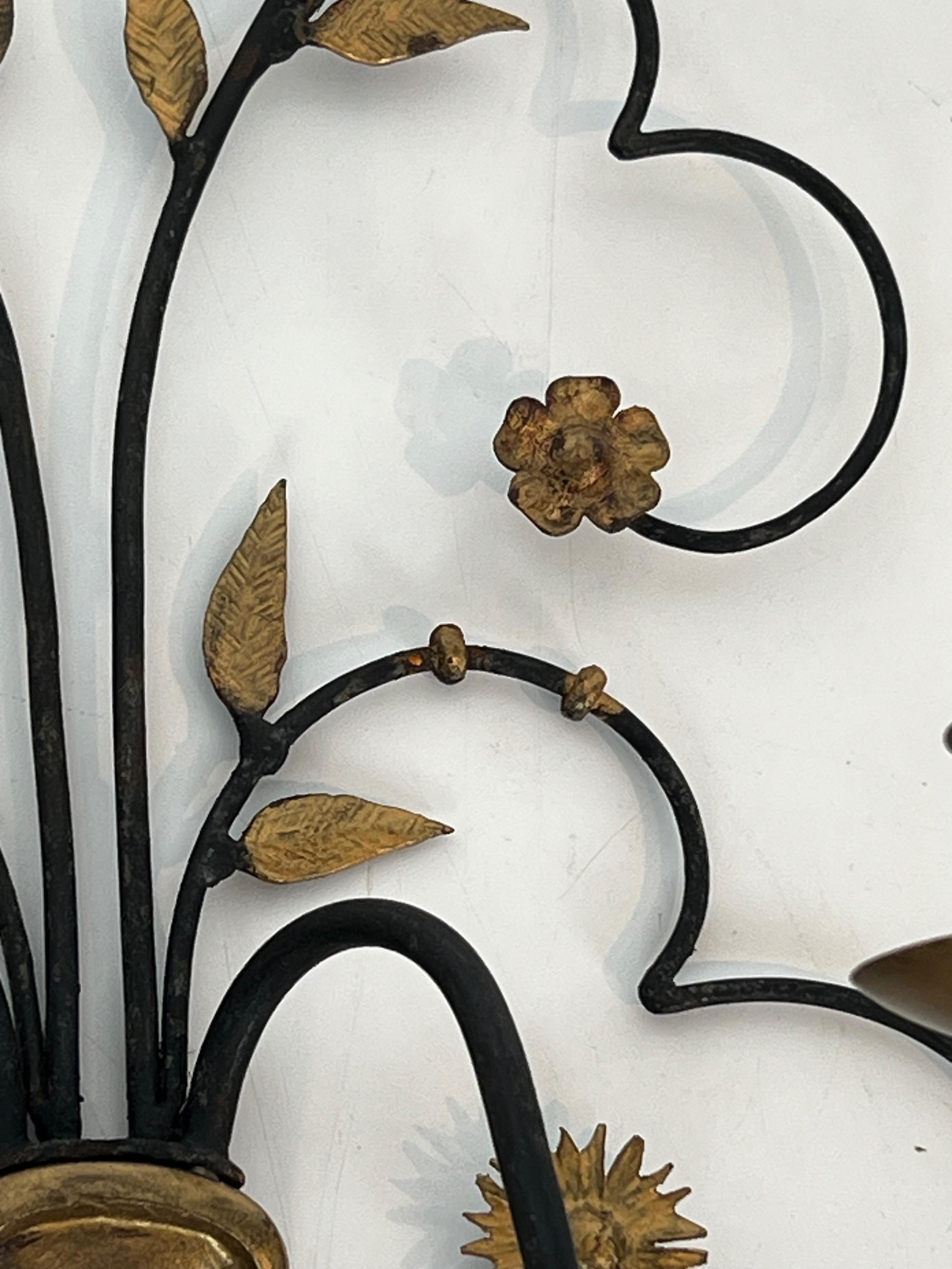 Pair of Large Decorative Wrought Iron and Gilded Wall Lights Representing a Bouq For Sale 2