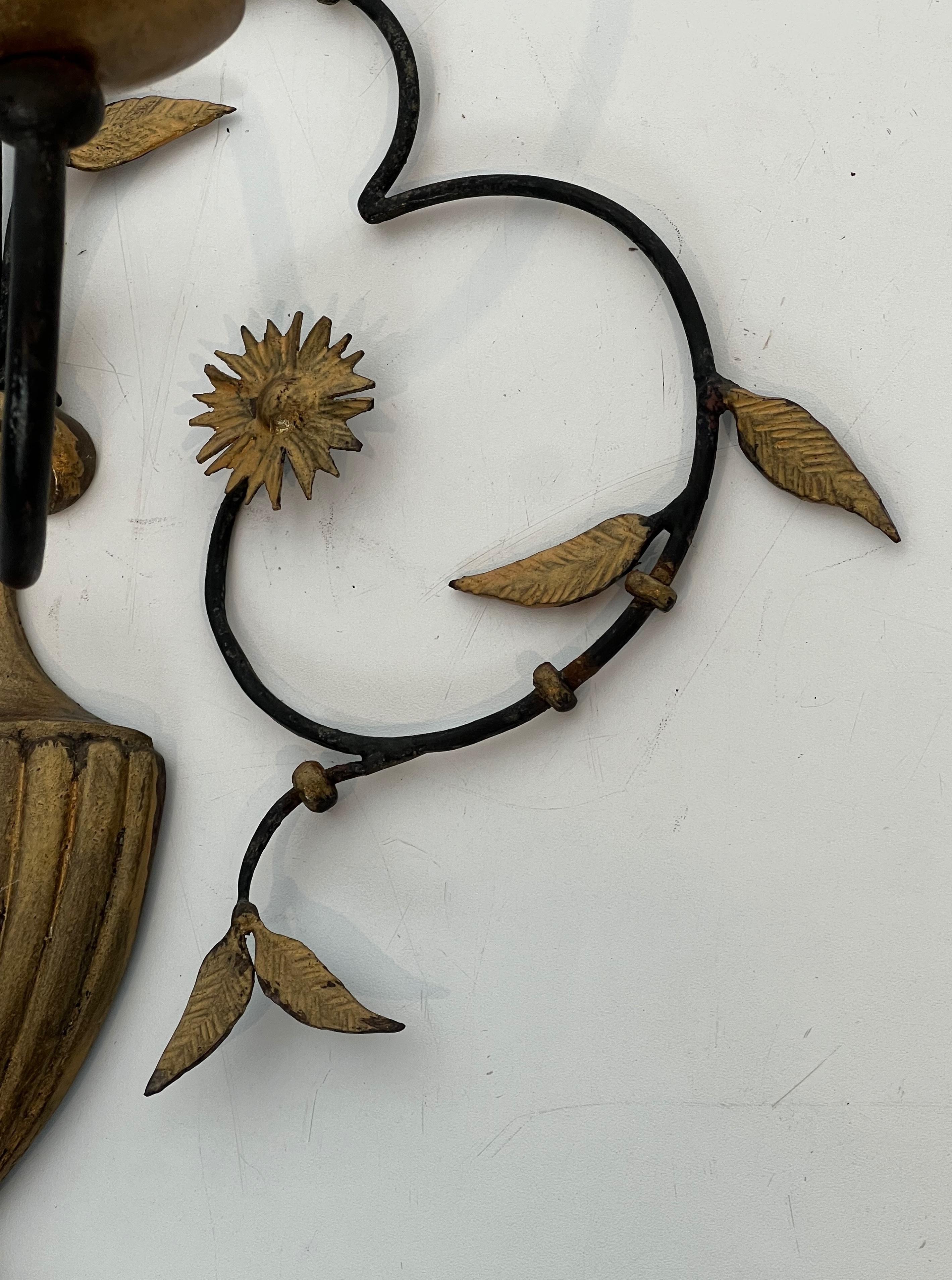 Pair of Large Decorative Wrought Iron and Gilded Wall Lights Representing a Bouq For Sale 3
