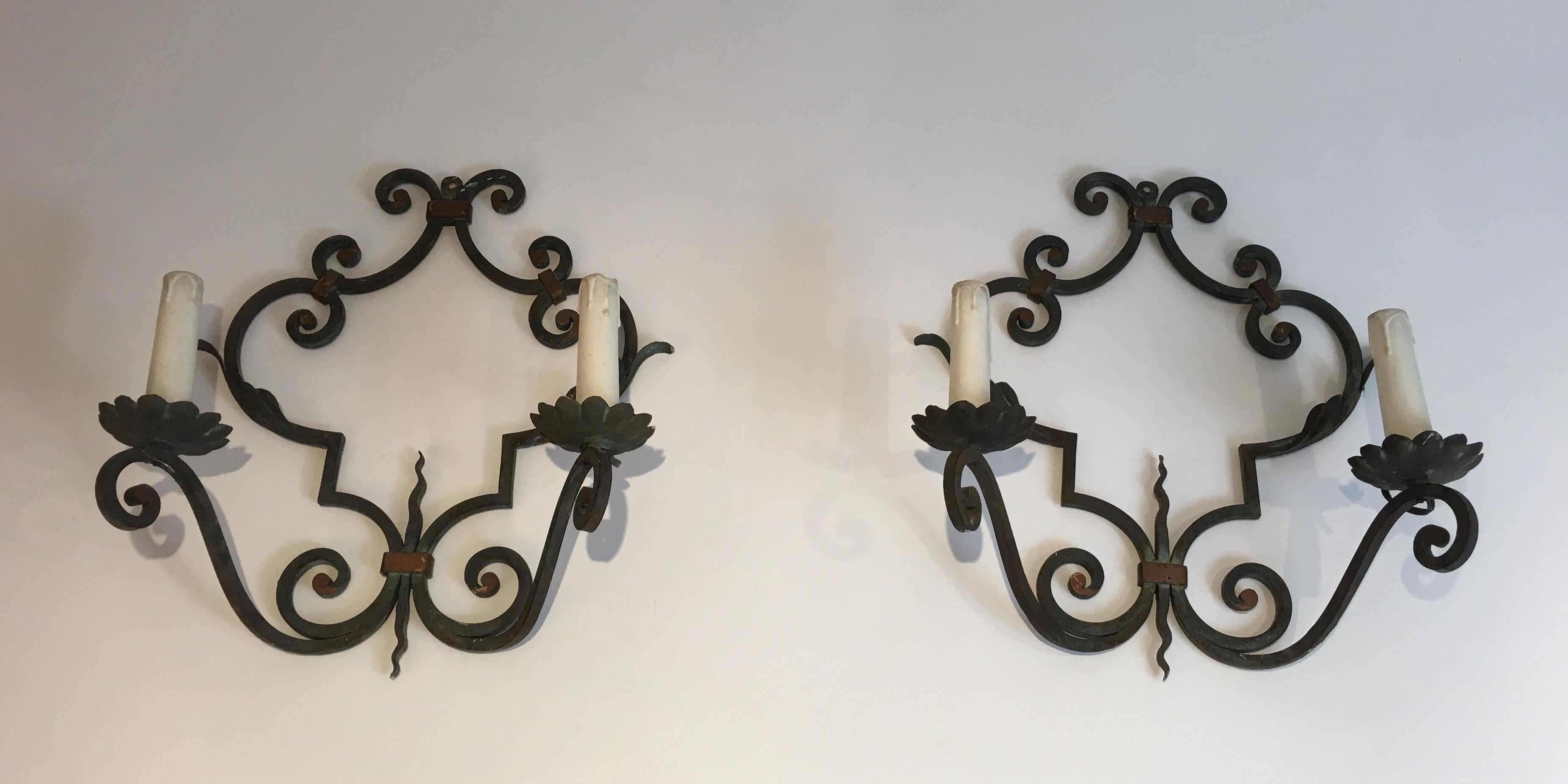 Pair of Large Decorative Wrought Iron Wall Sconces, French, circa 1950 For Sale 4