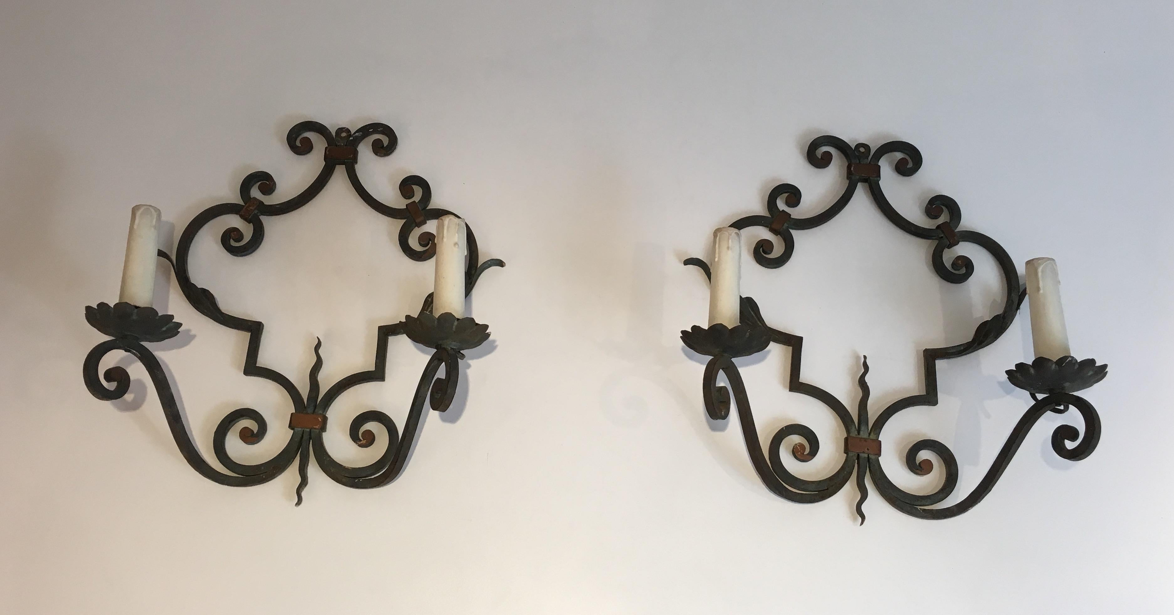 Pair of Large Decorative Wrought Iron Wall Sconces, French, circa 1950 For Sale 6