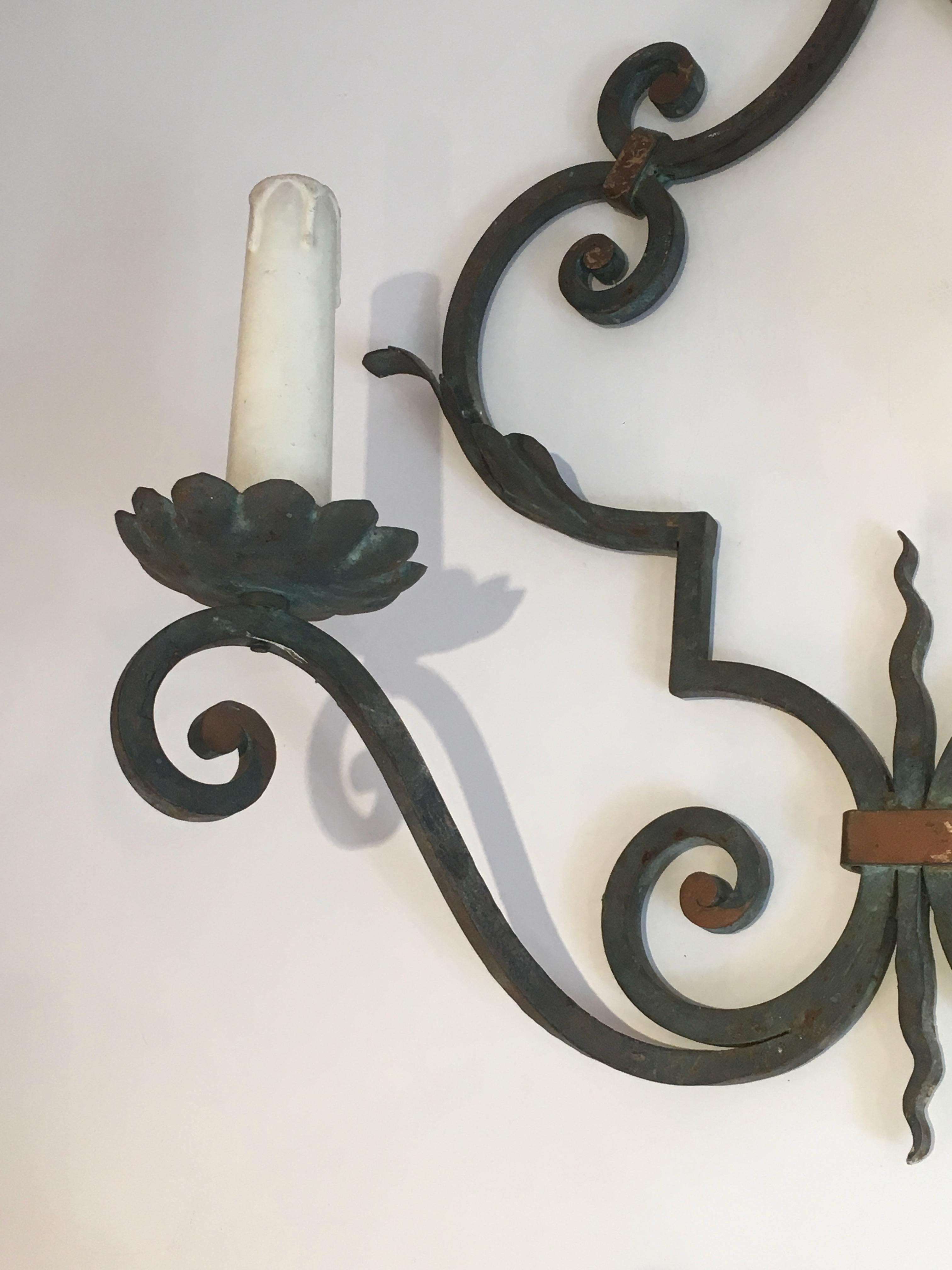 Mid-Century Modern Pair of Large Decorative Wrought Iron Wall Sconces, French, circa 1950 For Sale