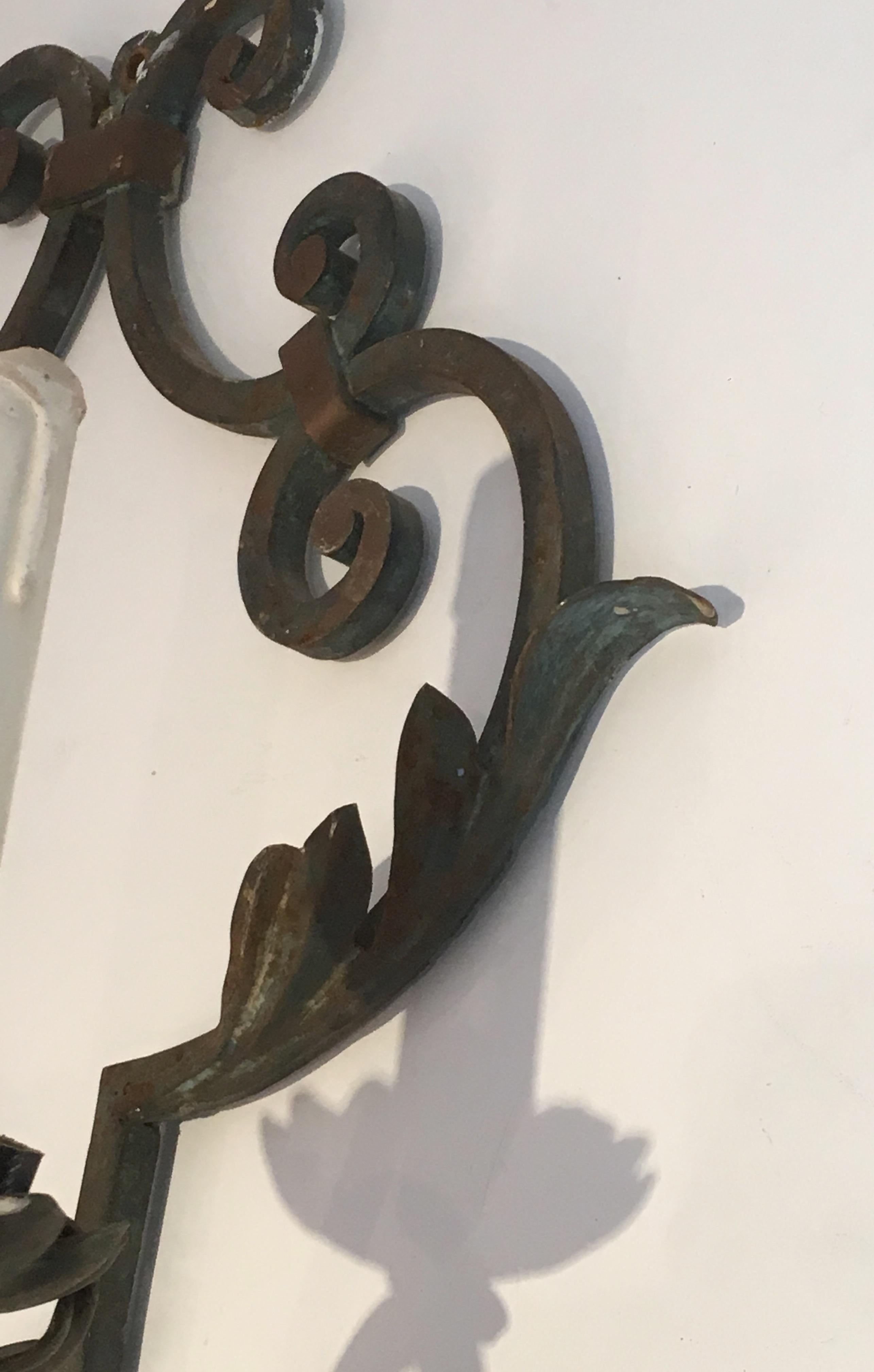 Mid-20th Century Pair of Large Decorative Wrought Iron Wall Sconces, French, circa 1950 For Sale