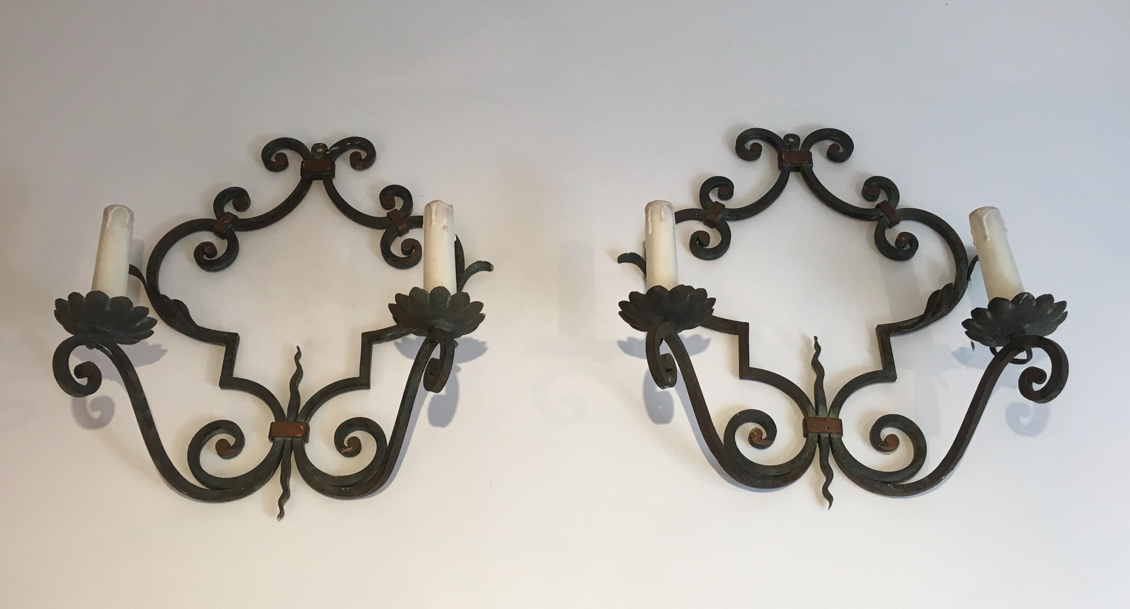 Pair of Large Decorative Wrought Iron Wall Sconces, French, circa 1950 For Sale 1