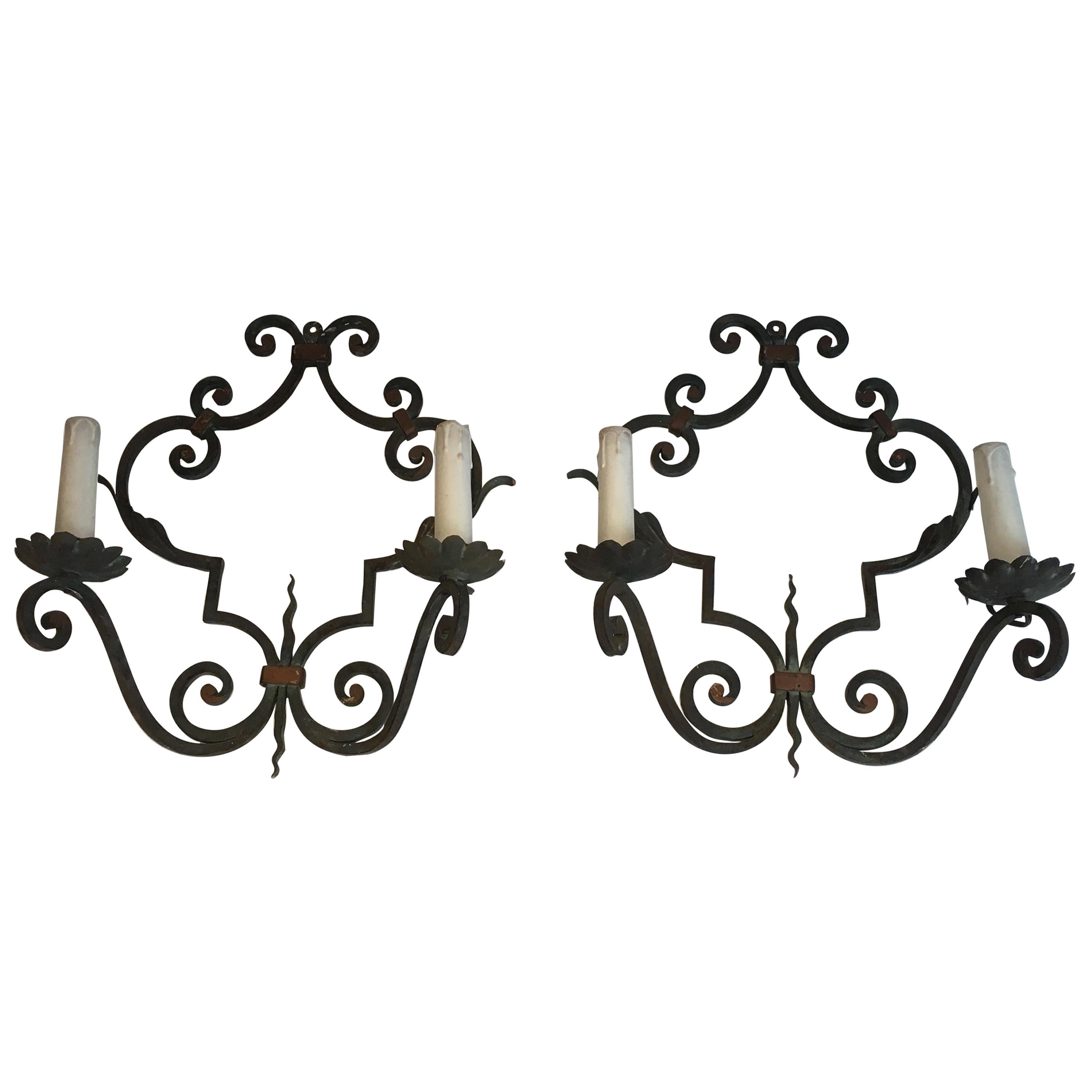 Pair of Large Decorative Wrought Iron Wall Sconces, French, circa 1950 For Sale