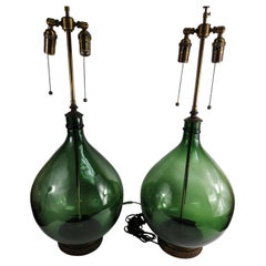 Pair of Large Deep Green Glass Bottle Shaped Table Lamps w New Fittings