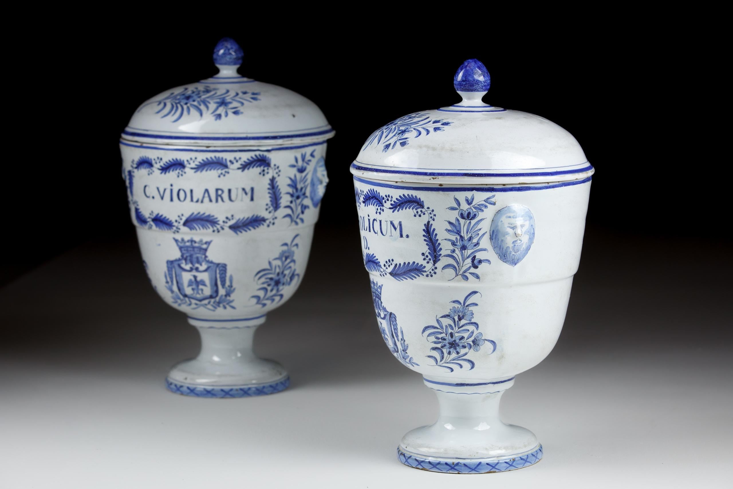 Zwei große Delft Campana-Urnen mit Deckel und Albarello-Wappen oder Medikamentengläser. Jeweils mit Löwenmaskengriffen, Adlerwappen unter einer blatt- und beerenumrandeten Inschrift C.violarum und Catholicum D. Sockel Ende 19,