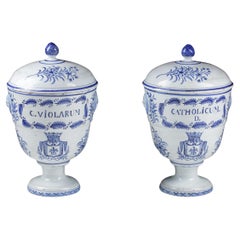Pair of Large Delft Covered Armorial Albarello or Drug Jars