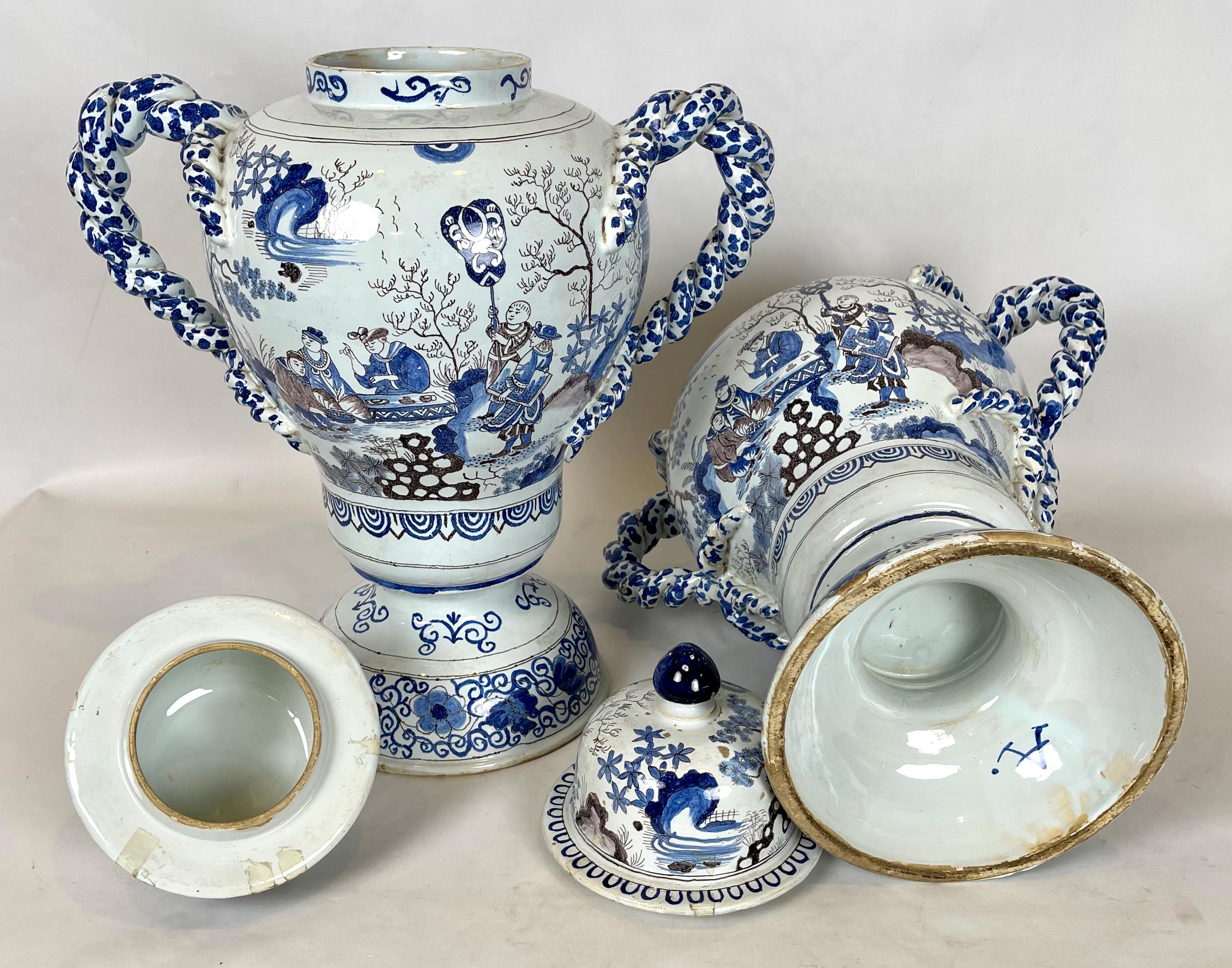 Pair of Large Delft Covered Two Handled Urns 3