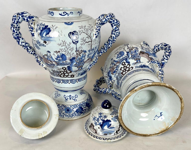 Pair of Large Delft Covered Two Handled Urns For Sale 3