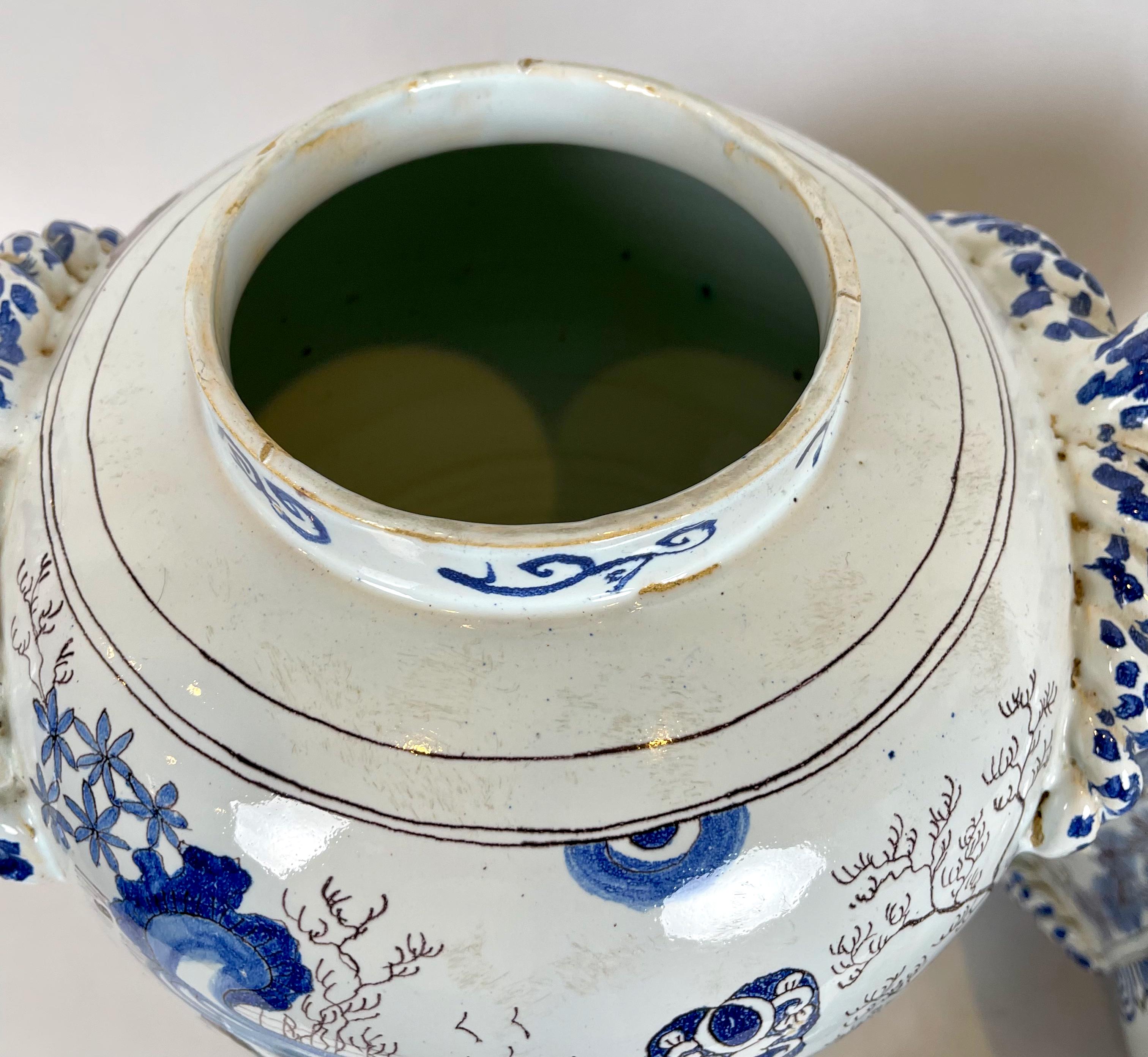 Pair of Large Delft Covered Two Handled Urns 4