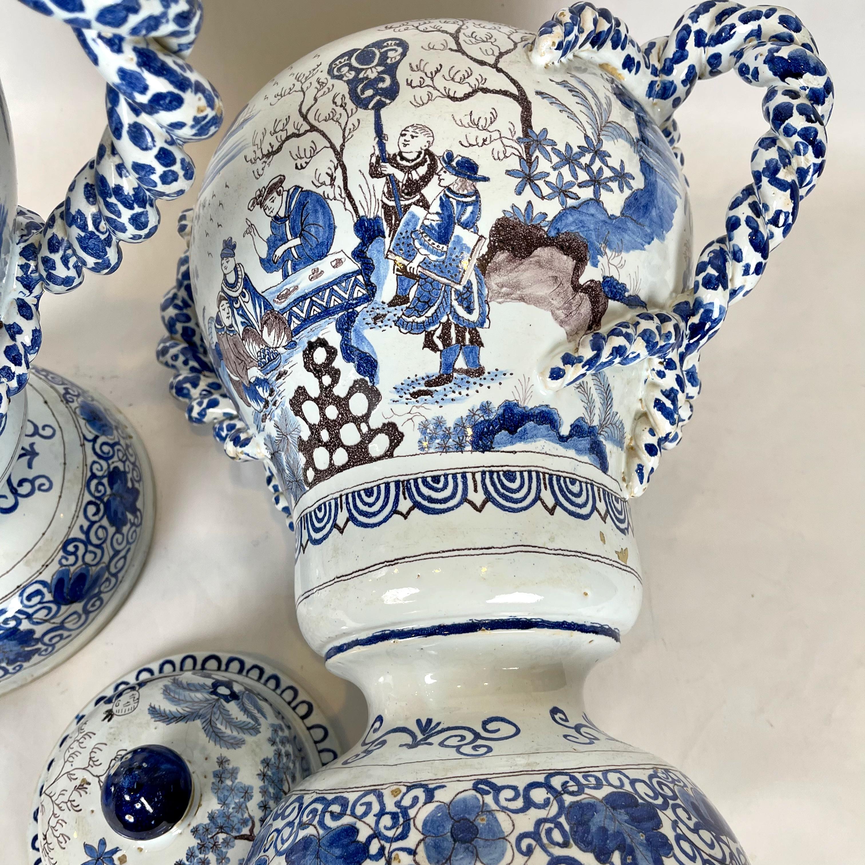 Pair of Large Delft Covered Two Handled Urns 5